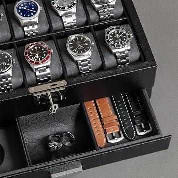 ROTHWELL 10-Slot Watch Box in Leather with Valet Drawer, Luxury Watch Case Display Organizer with Ultra Soft Microsuede Liner, Jewelry and Sunglass Holder With Large Glass top (Carbon)