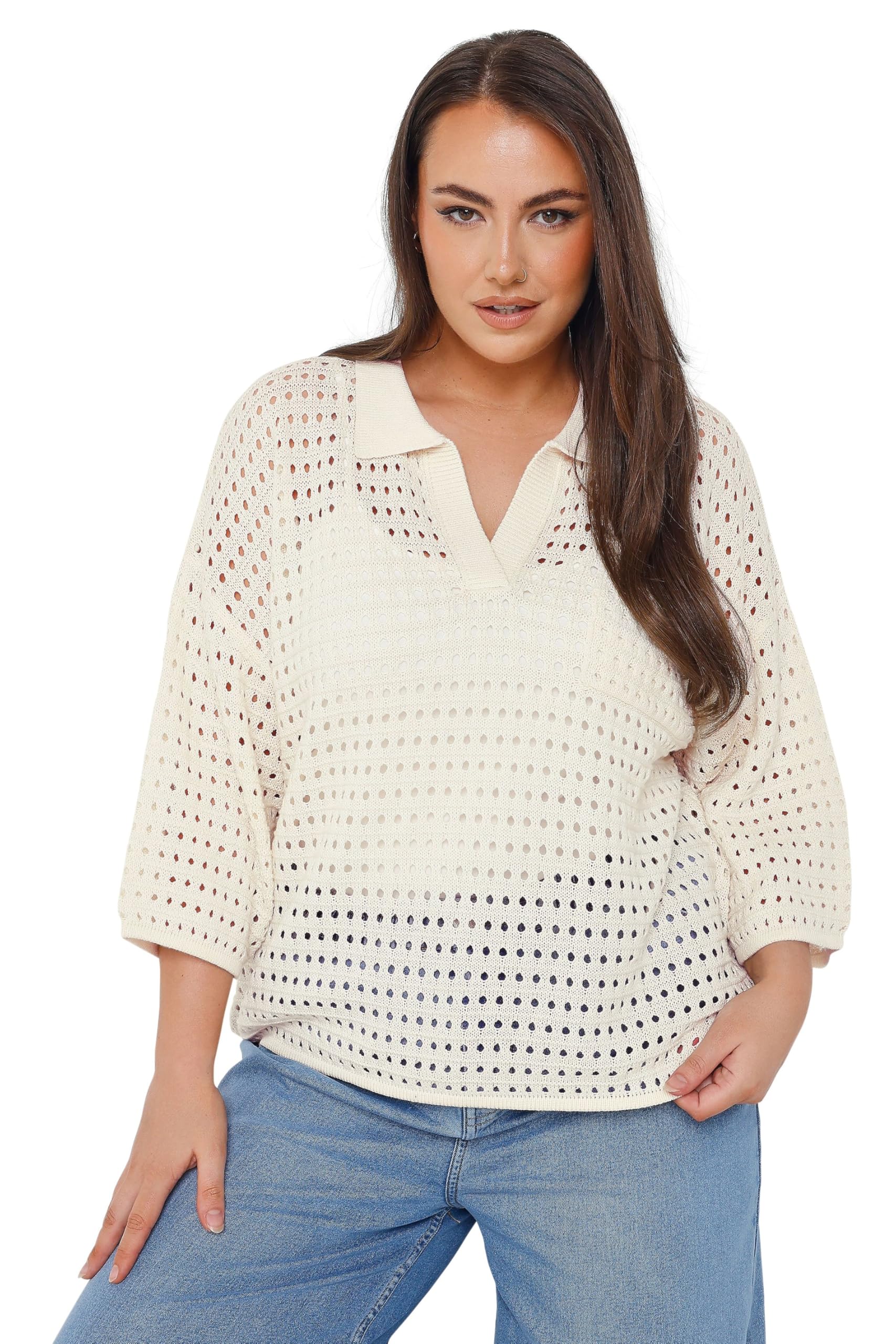 Yours Curve White Crochet Collared Knitted Jumper - Women's - Plus Size Curve