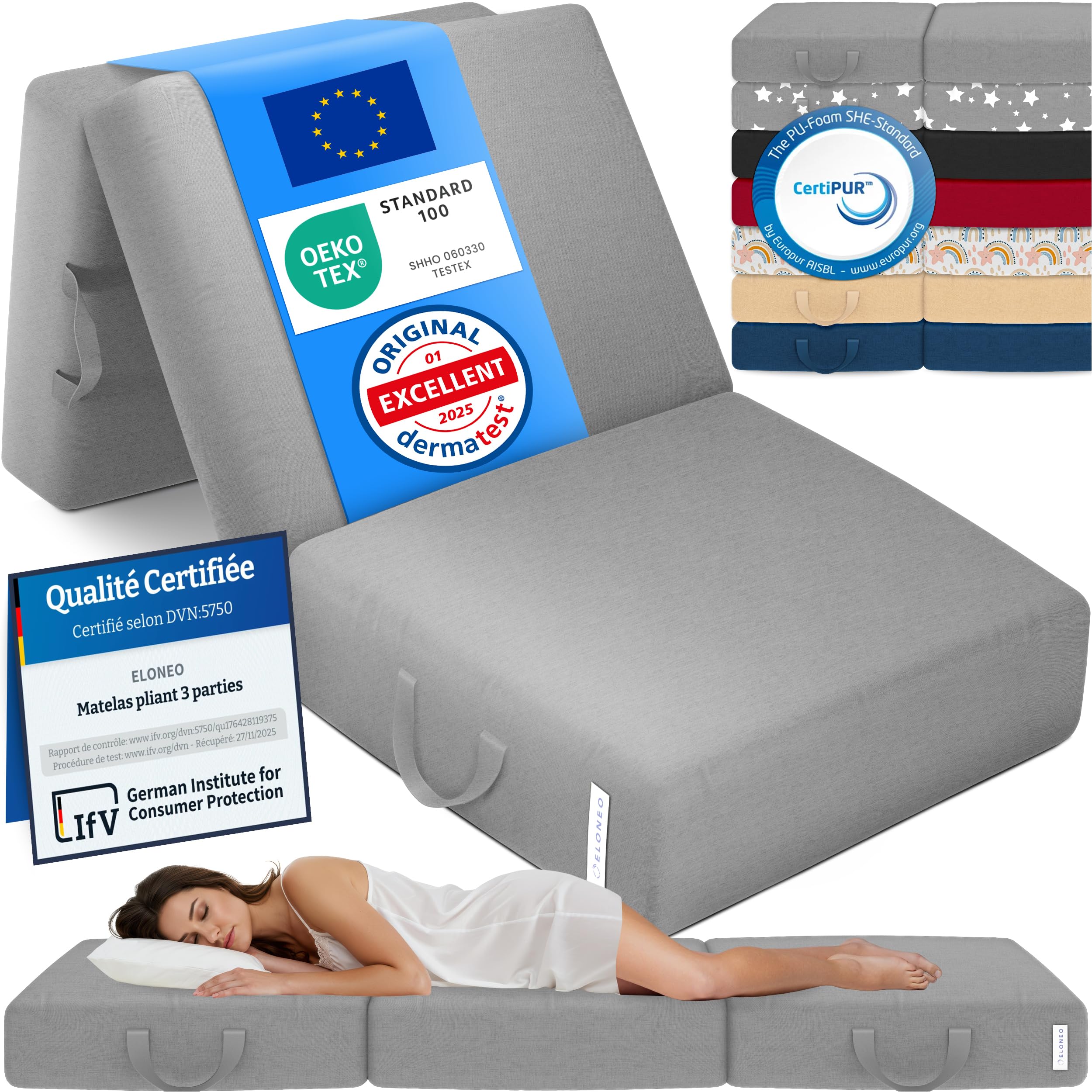 ELONEO Matelas Pliant, Matelas d'Appoint Pliable en 3 Parties, Mousse Extra Épaisse (15 cm), Lavable, Cube Intervertébral, Matelas Pliable, pour Adulte, 1 Personne (Gris, 90 x 200 x 15 cm)