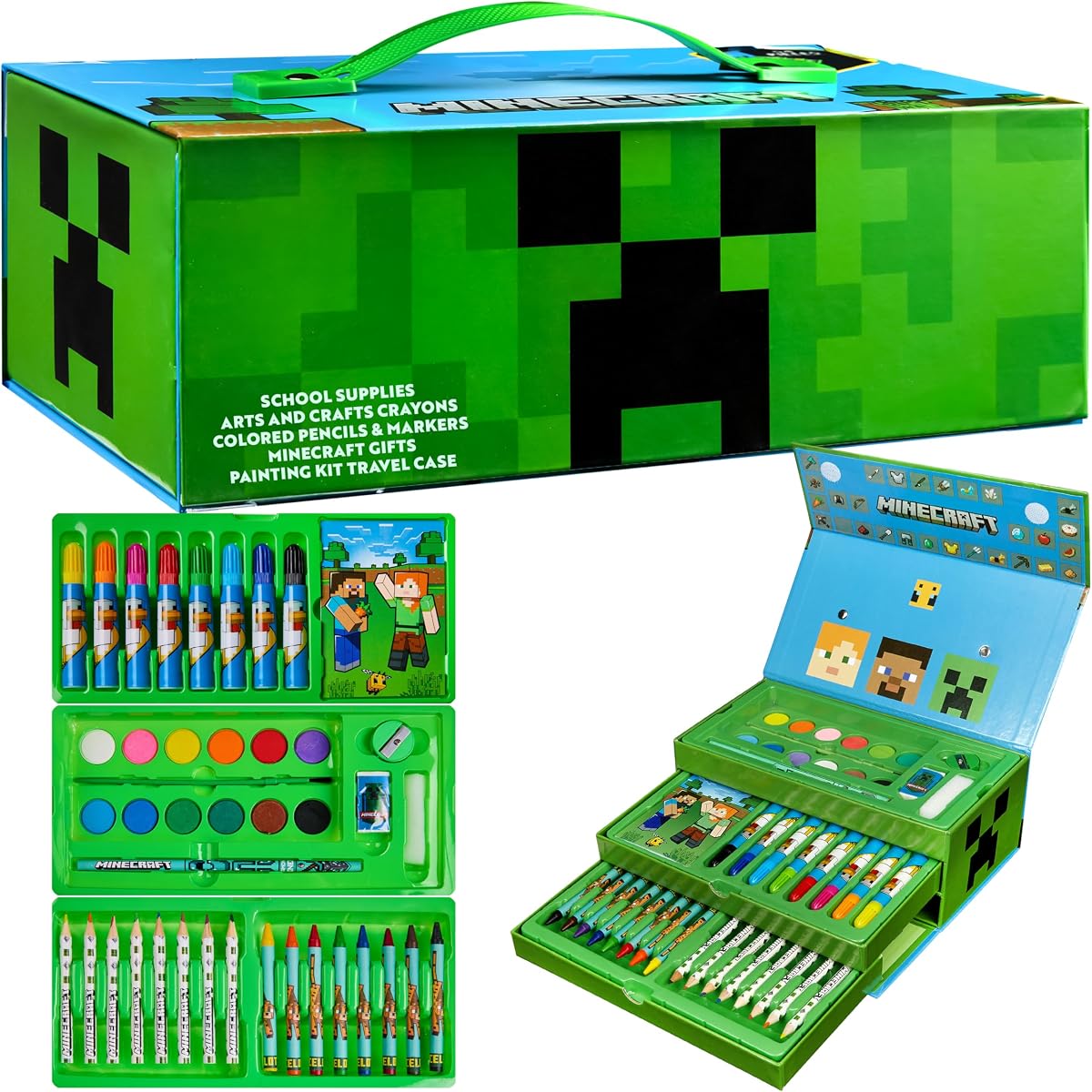 Minecraft Colored Pencils Art Supplies Set Crayons Watercolor Paints Colored Markers Coloring Drawing Kit Creeper Art Set Case Gamer Gifts for Boys
