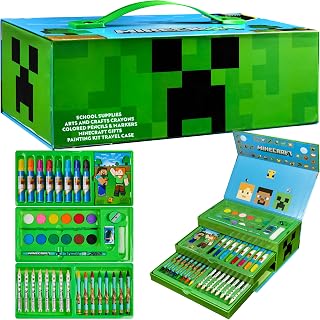 Minecraft Creeper Art Set: Colored Pencils, Crayons, Markers, Watercolors in Carry Case - Kids Drawing Kit & Gamer Gift