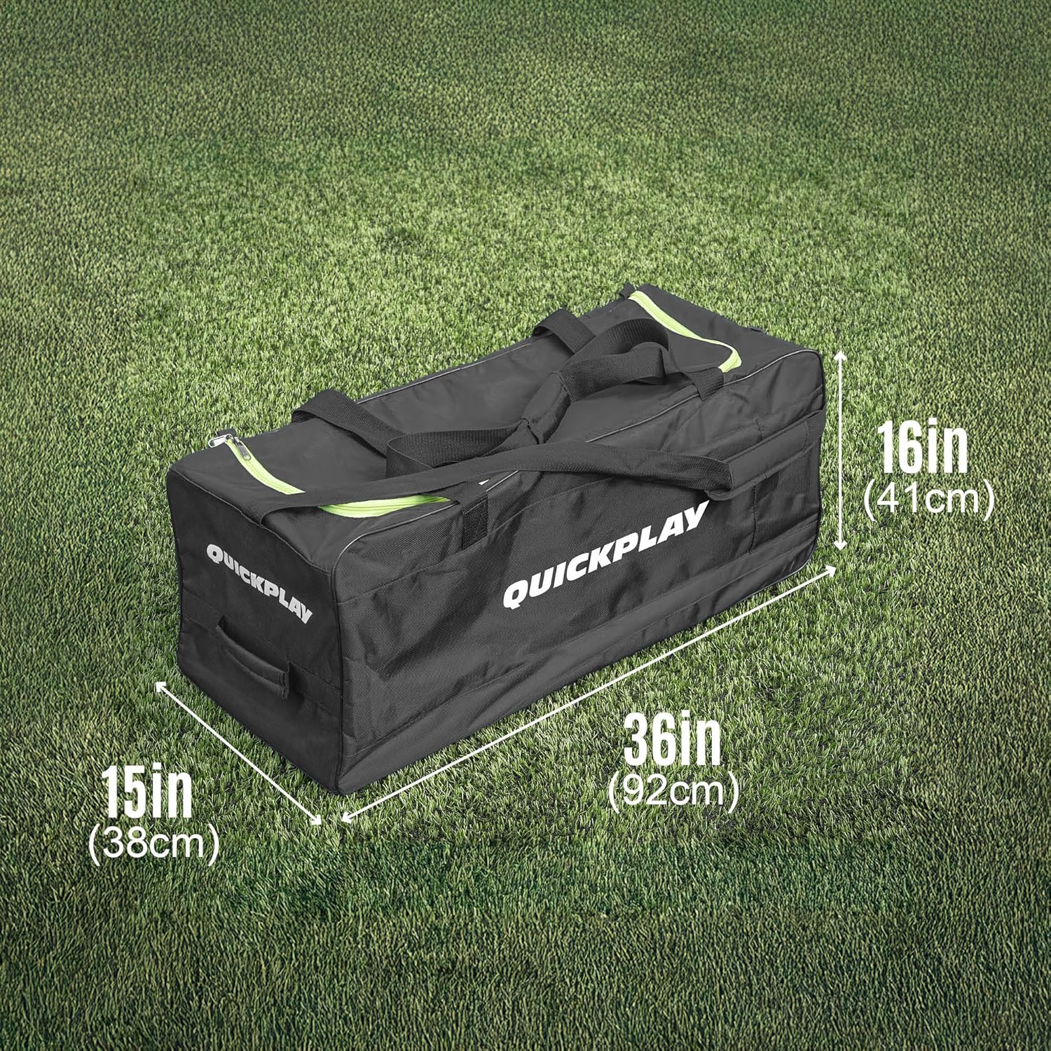 QUICKPLAY XL Soccer Equipment Bag - Black with Green Highlights | Durable Bag for Sports Gear - 140L Capacity | Robust Wheels for Transportation | Strong Reinforced Base | Weather Resistant Material