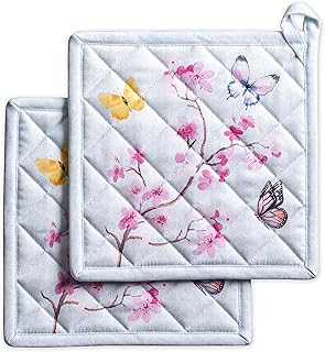 Maison d' Hermine Blossom in Spring Lot de 2 maniques 100 % coton avec boucle résistante à la chaleur pour barbecue | cuisson | micro-ondes | printemps/été (20 cm x 20 cm)