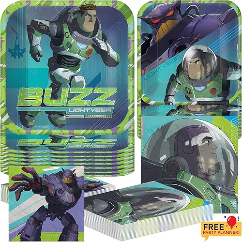 Amscan Buzz Lightyear - Paquete de vajilla para fiesta, 8 platos cuadrados para cena y postre, 16 servilletas de almuerzo y bebidas, juego de