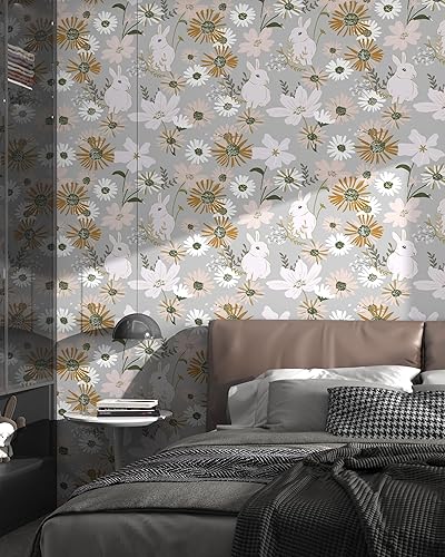 Miniatura 3 de Papel tapiz autoadhesivo con diseño de conejo, estilo bohemio, 17.3 x 197 pulgadas, papel de contacto con flores vintage, hojas extraíbles,