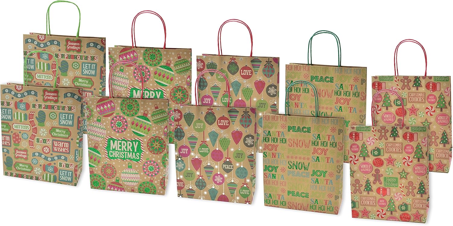 Christmas Large Gift Bags Kraft with Glitter, 10 Pack