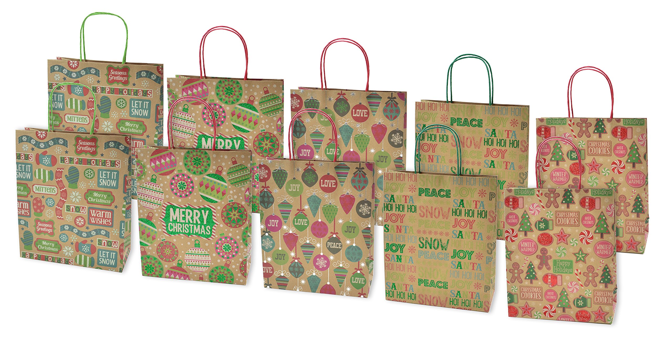 Christmas Large Gift Bags Kraft with Glitter, 10 Pack