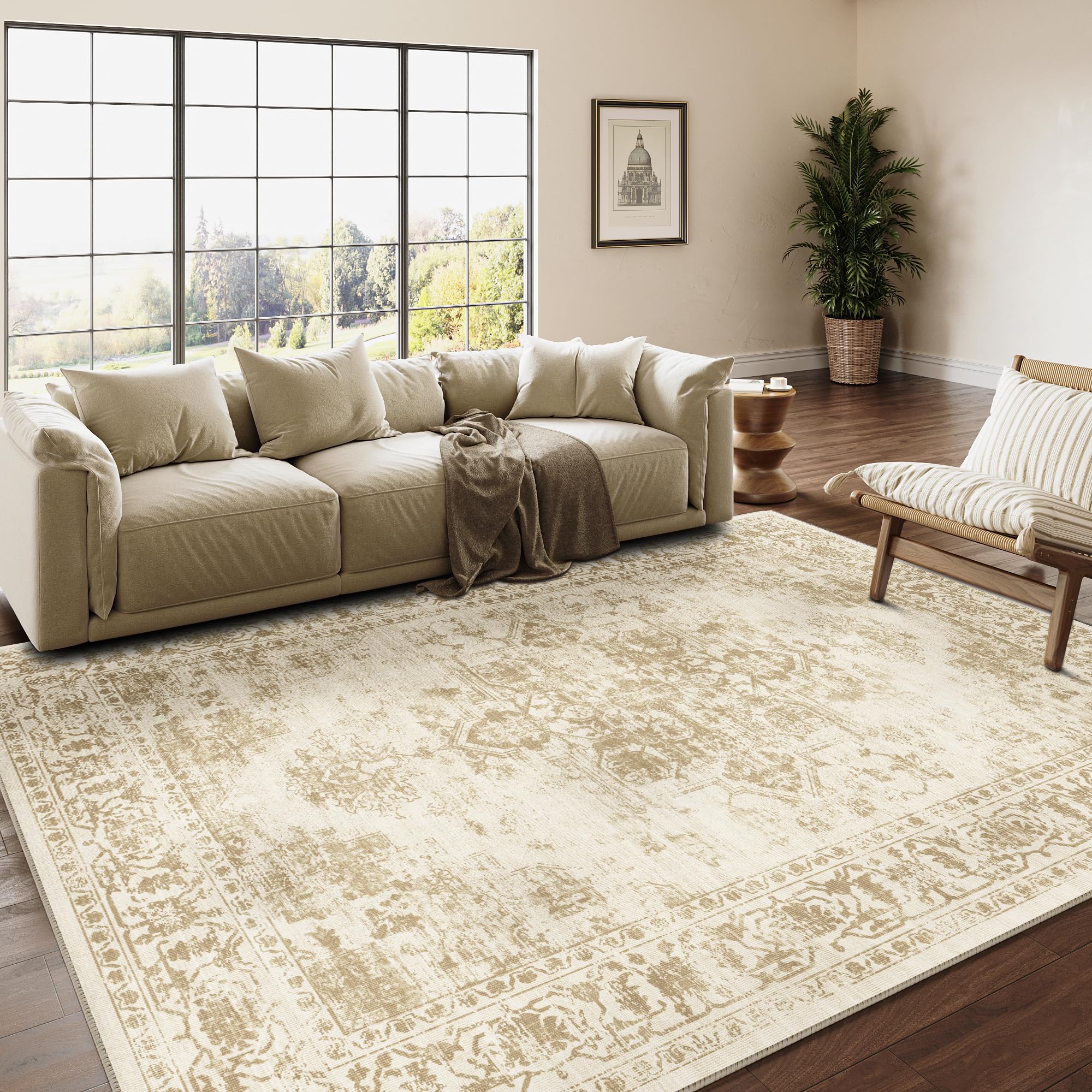 HUGEAR 8x10 Area Rugs for Living Room Vintage Washable Rug Beige Boho Floral Medallion Print Low Pile Carpet Throw Rug for Bedroom Office Dining