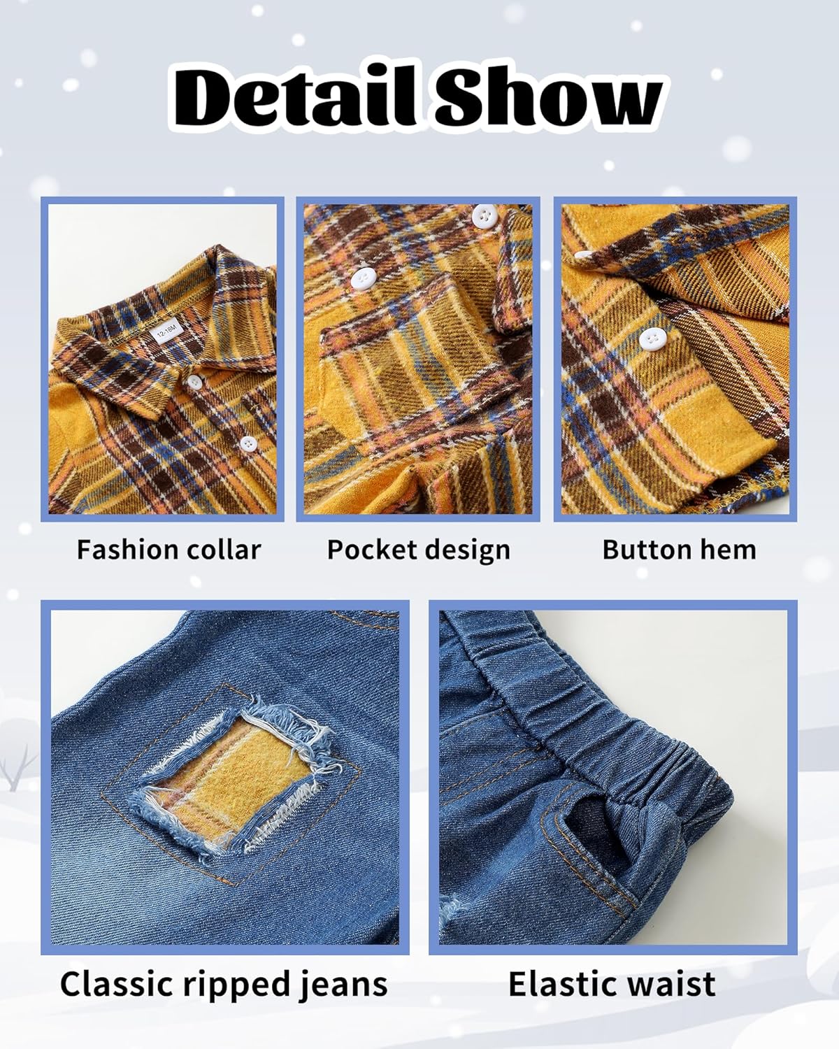 NZRVAWS Toddler Baby Boy Clothes Infant Plaid Pocket Shirt Denim Ripped Jean Pants Outfits Set 6-24 Months 2-5T - Image 4