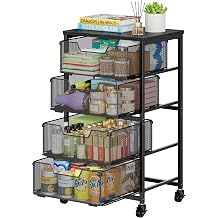 Storage Drawer Cart with Wood Top, 150 LBS Heavy Duty Metal Mesh Drawer Unit, Rolling Organizer with Anti-Drop Tracks for Closet, Bedroom Vanity, Kitchen Pantry, Office, Bathroom