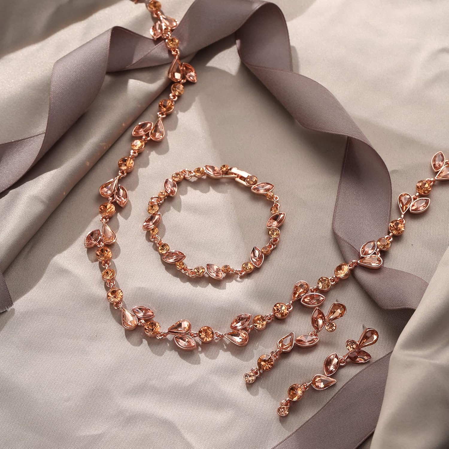 EVER FAITH Crystal Bridal Bridesmaid Jewelry Sets, Elegant Marquise Round-Shaped Rhinestone Leaf Necklace Dangle Earrings Tennis Bracelet Set for Women - Image 3