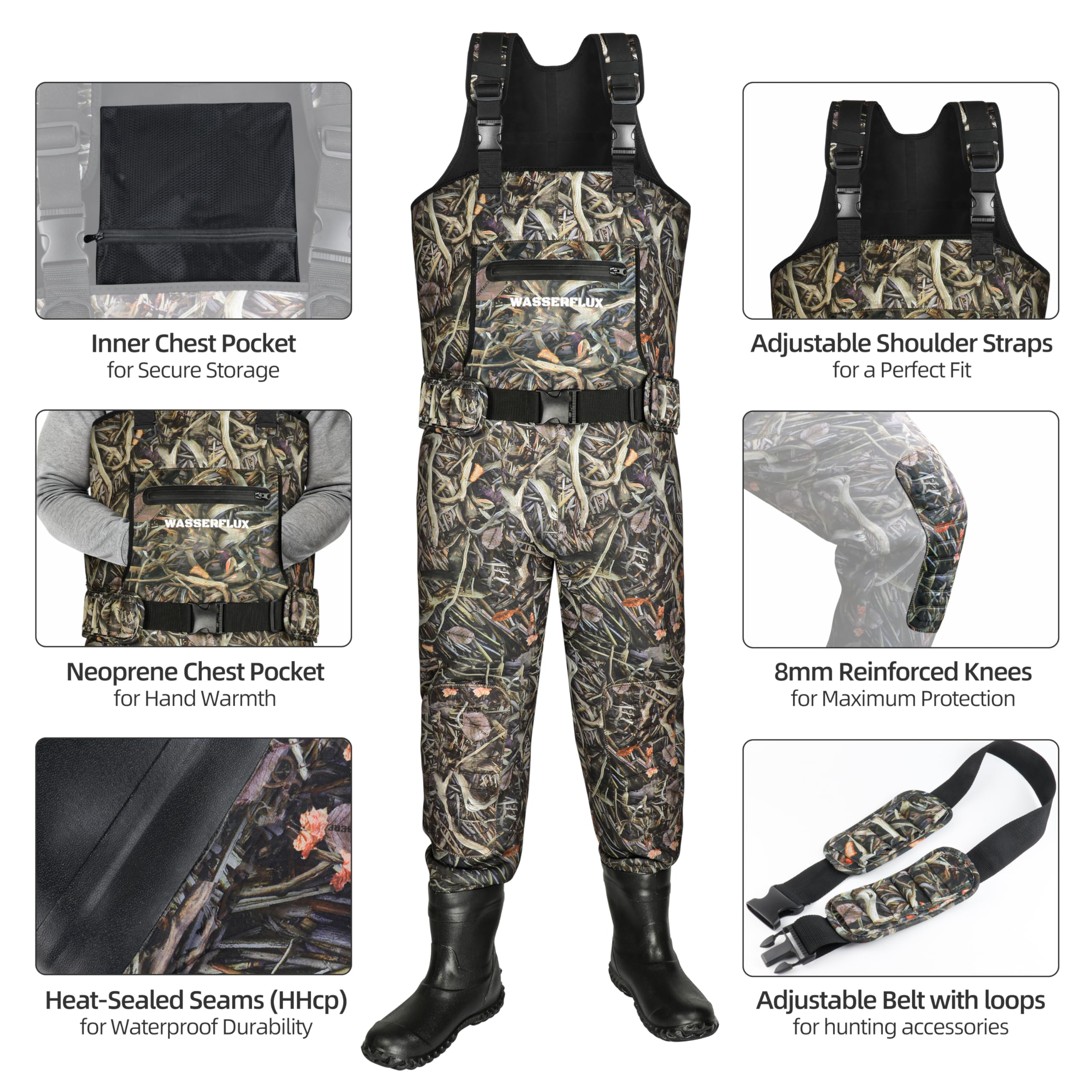 Wathose für Herren mit Stiefeln – wasserdichte 4 mm Neopren-Wathose, 8 mm verstärkte Knie, 800 g isoliertes Stiefelfuß-Design für Jagd und Outdoor