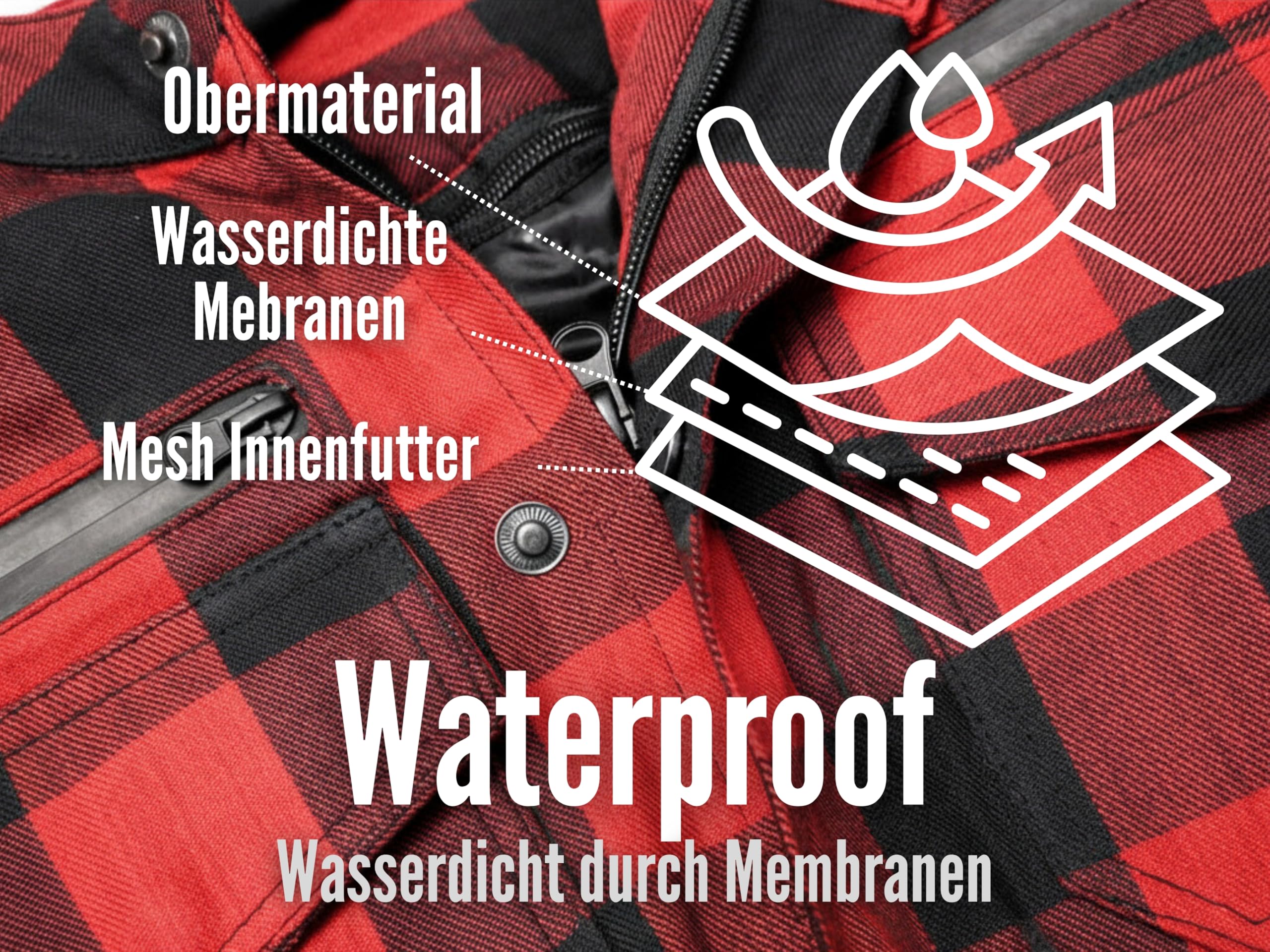 Herren Motorradhemd Herren mit Protektoren, Winddicht & Wasserdicht, Kariertes Hemd mit Protektoren, Arimd Fütterung
