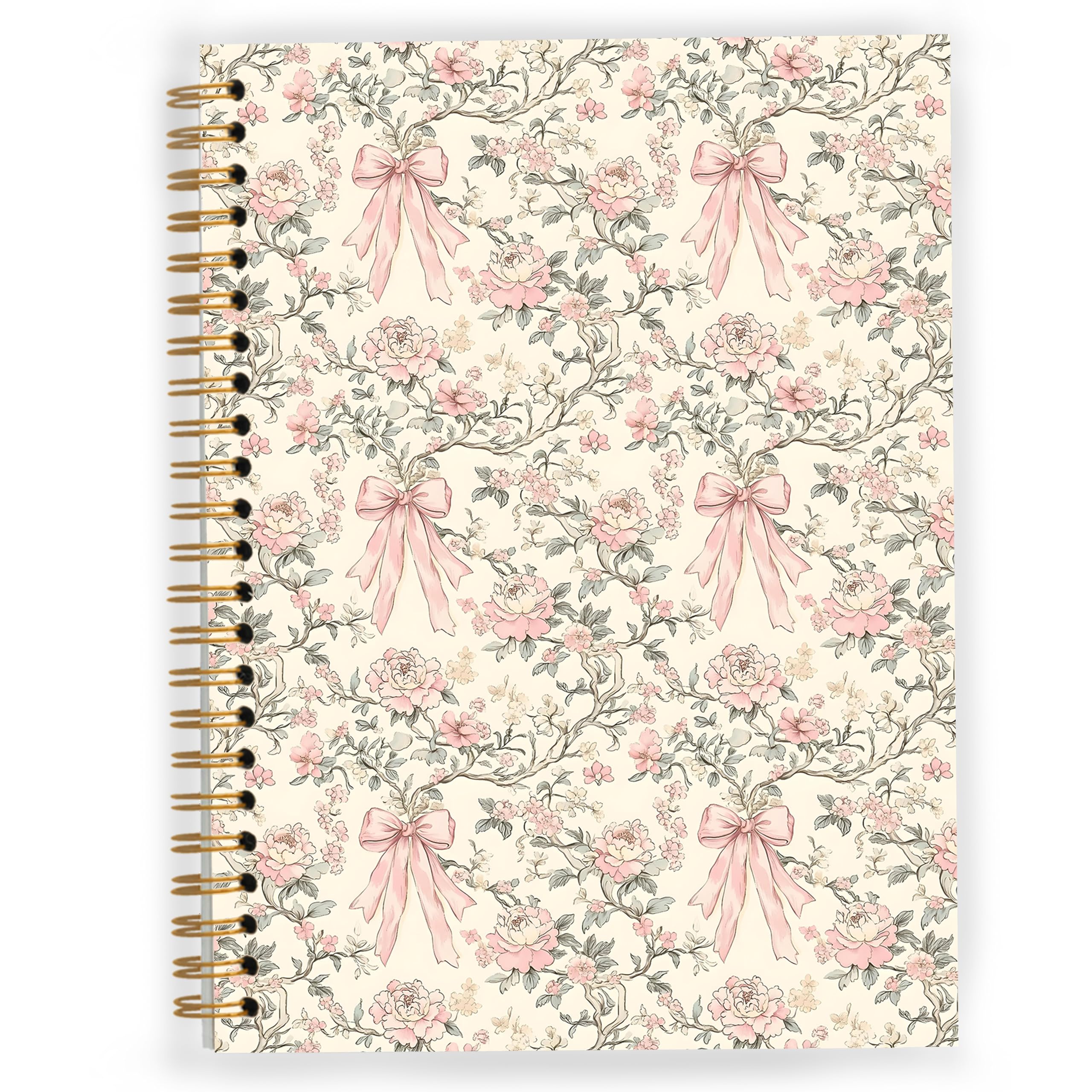 JWVK Coquette Pink Bow Spiral Notebook, Vintage Chinoiserie Floral Notebooks for Note Taking, Trendy Preppy Journals for Writing, Girly Aesthetic