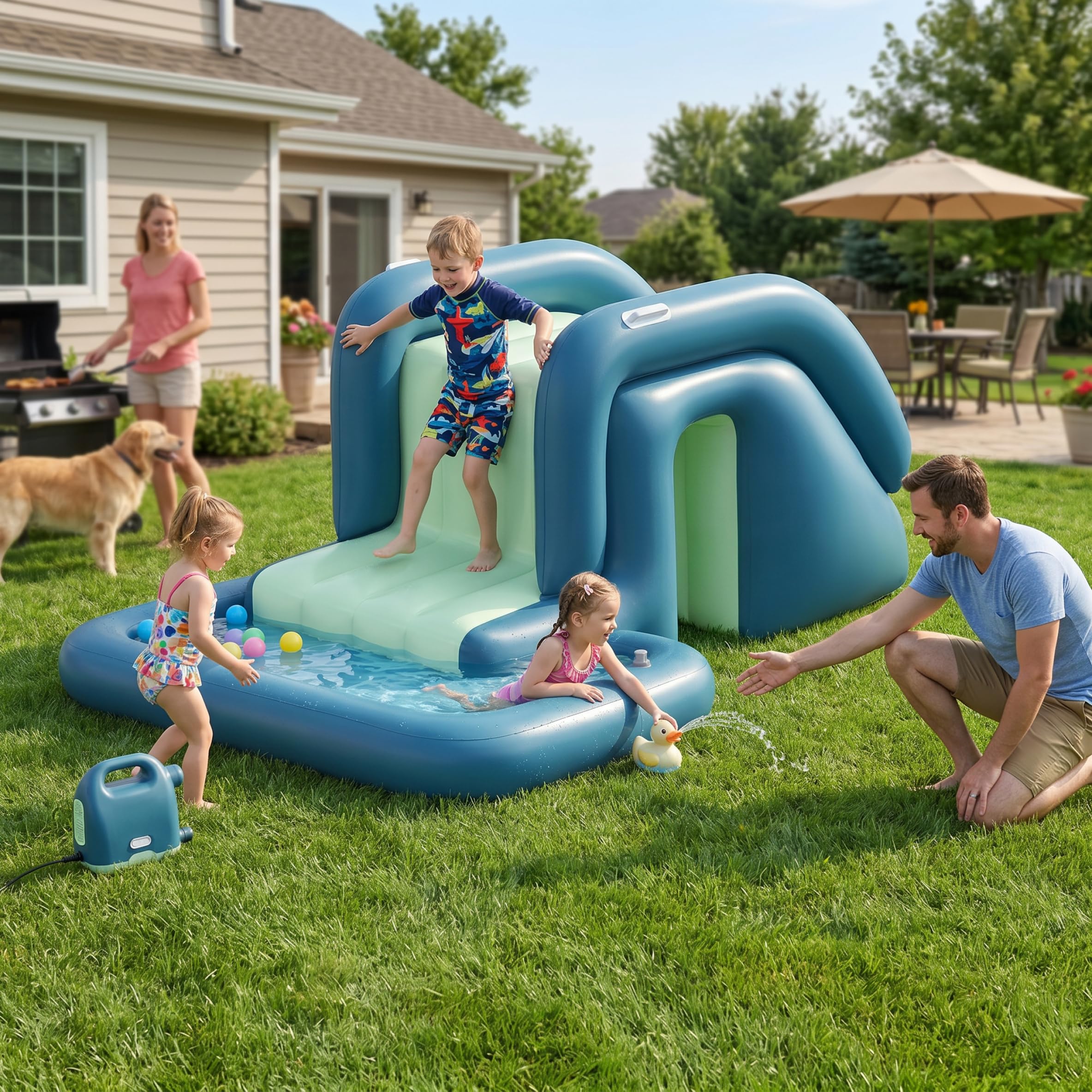 Aufblasbare Poolrutsche für oberirdische Pools – schnell aufblasbare Poolrutsche für Sommerspiele im Hinterhof (grün), Gartendekoration