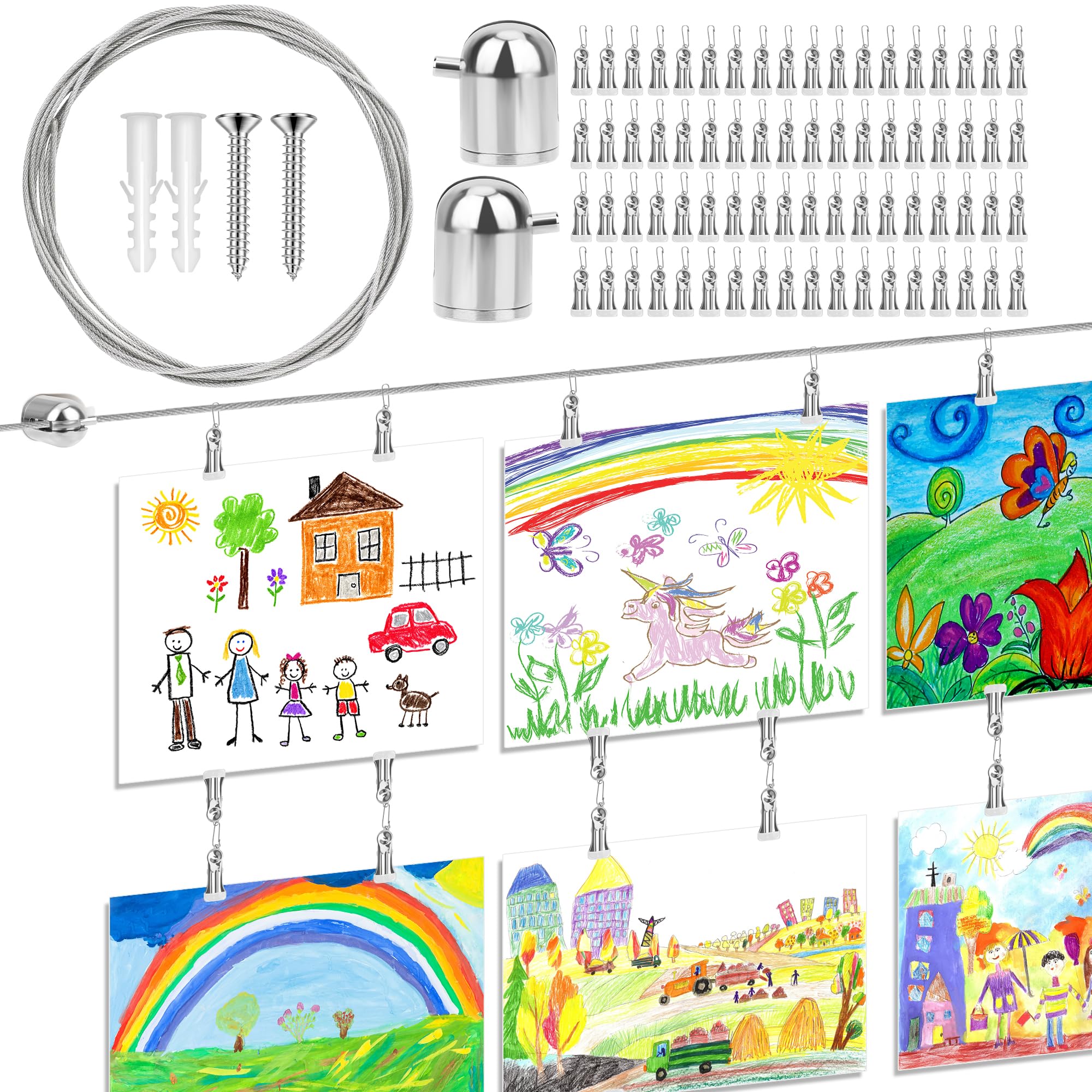 Windspeed Kids Artwork Display on Wall Wire Decor for Hanging Photo Kids Art Display for Classroom, with 300 CM Alloy Steel Wire, 48P Hanging Clips