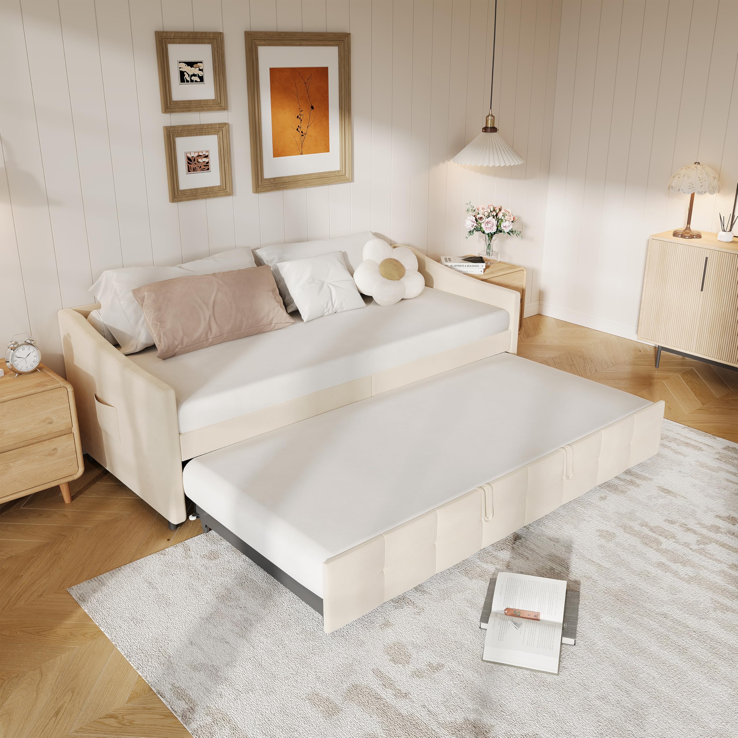 Polsterbett Schlafsofa 90/180x200 cm,Schlafsofa mit Lattenrost Tagesbett Ausziehbar Schlafcouch 2 Personen Doppelbettsofa Sofa mit Schlaffunktion Multifunktionales Sofabett ,ohne Matratze (Beige-B) Küche, Haushalt & Wohnen
