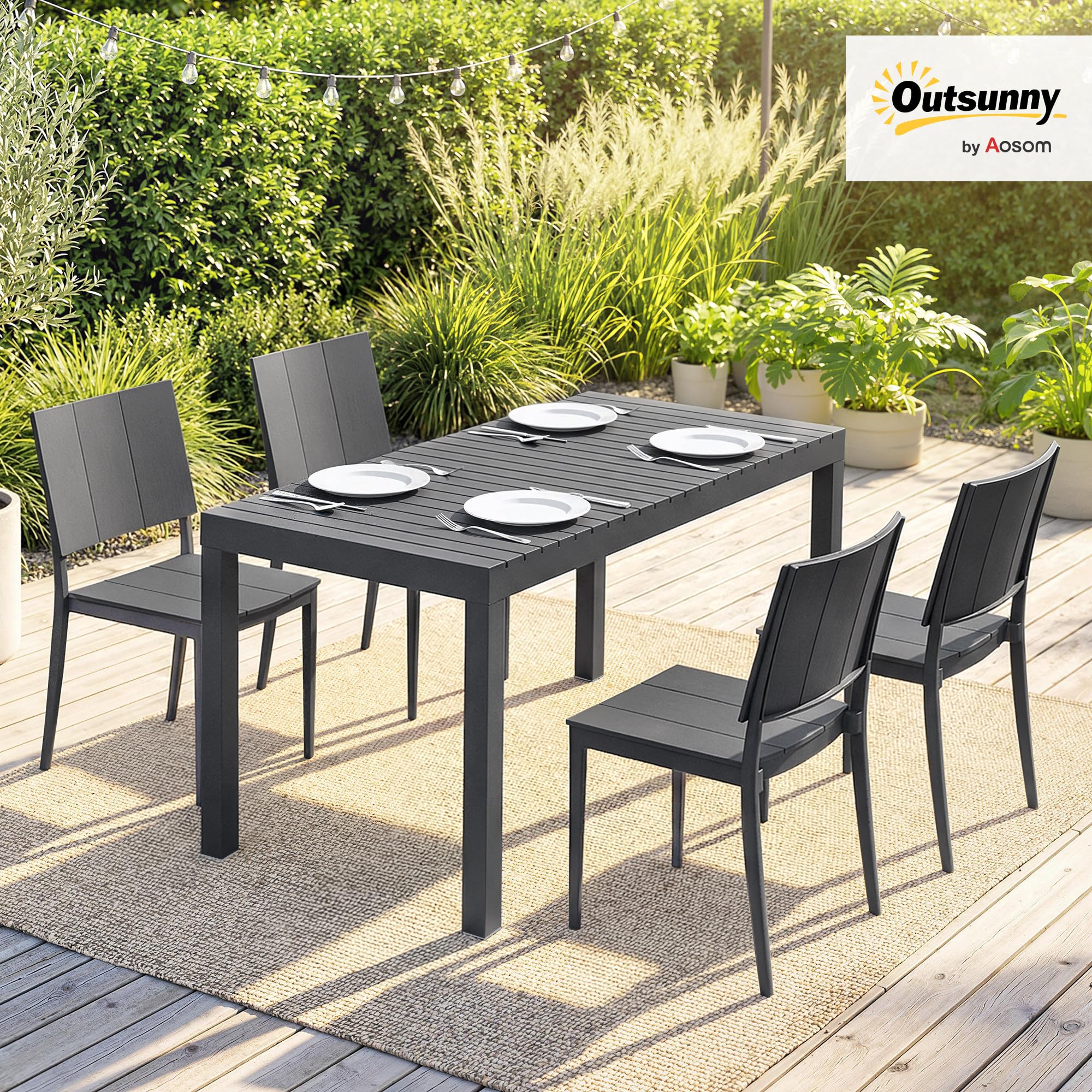 Outsunny Gartenmöbel Set Sitzgruppe 5-teilig Breiter Tisch mit 4 Stapelstühlen Lamelldesign, wetterfest Essgruppe für 4 Personen Gartenset Gartengarnitur für Garten Balkon Terrasse Dunkelgrau