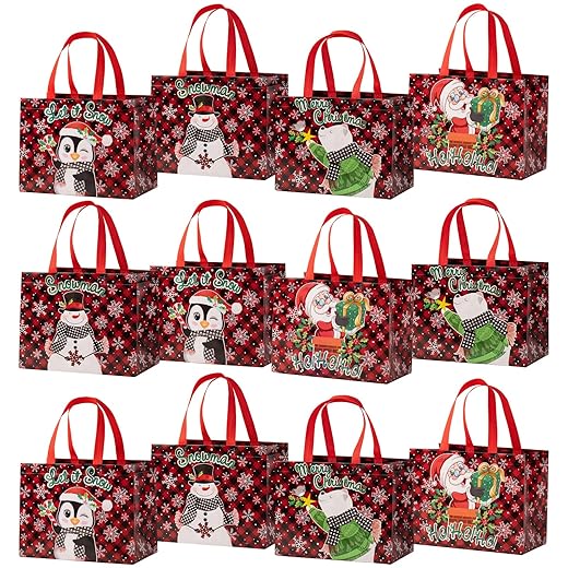 LeZakaa 12PCS Christmas Gift Bags with Handles, Red Buffalo Recycled Bags, Treat Bags, Multifunctional Non-Woven Christmas Bags for Child, Kids - 10" x 7"x 13"