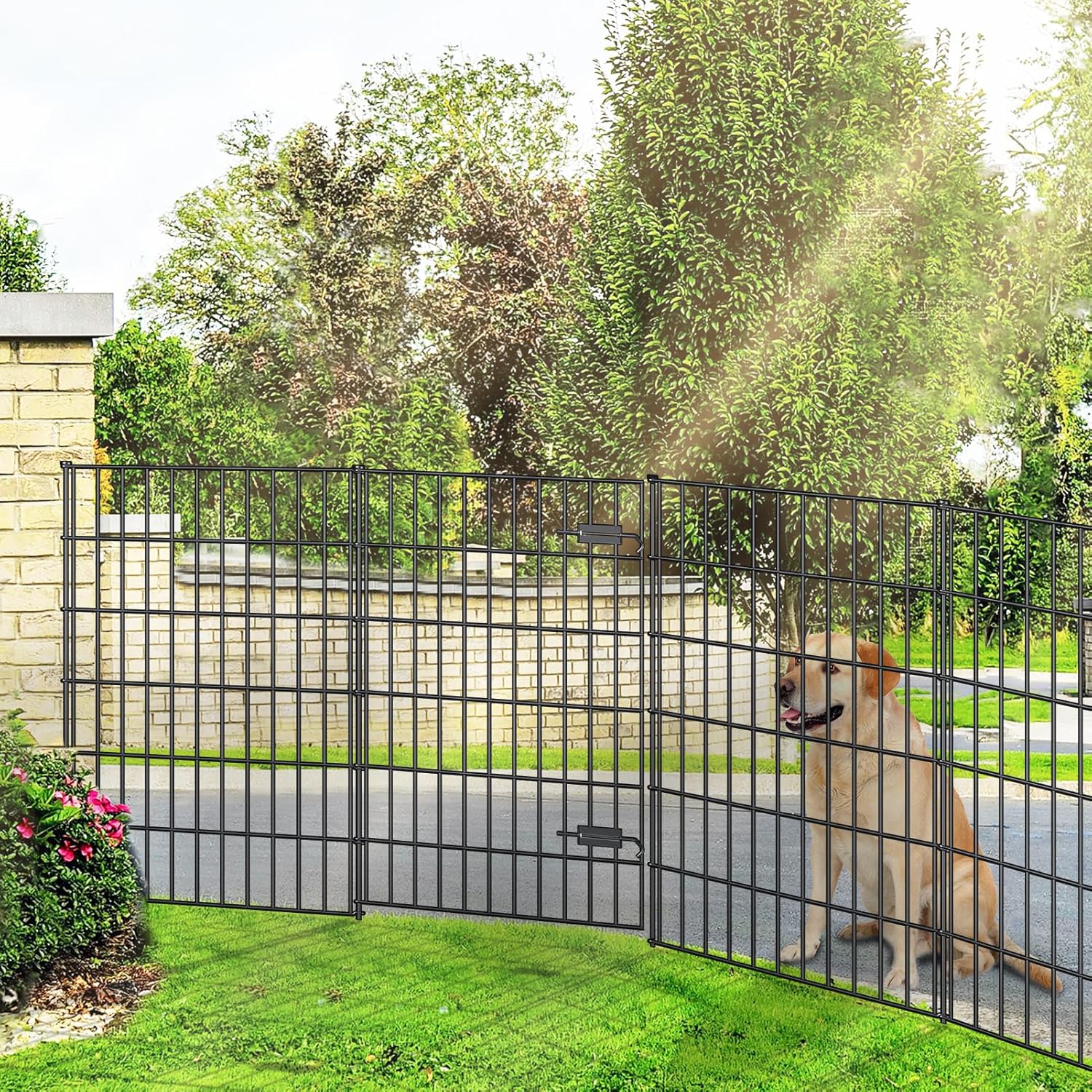 FOREHOGAR Metal Garden Fence with Gate 40in (H) x 23.3ft (L), 1 Gate + 9 Panels Dog Fence Border Fence Animal Barrier, No Dig Garden Fencing for Yard Flower Bed Lawn Patio Outdoor, PIN402810G Black