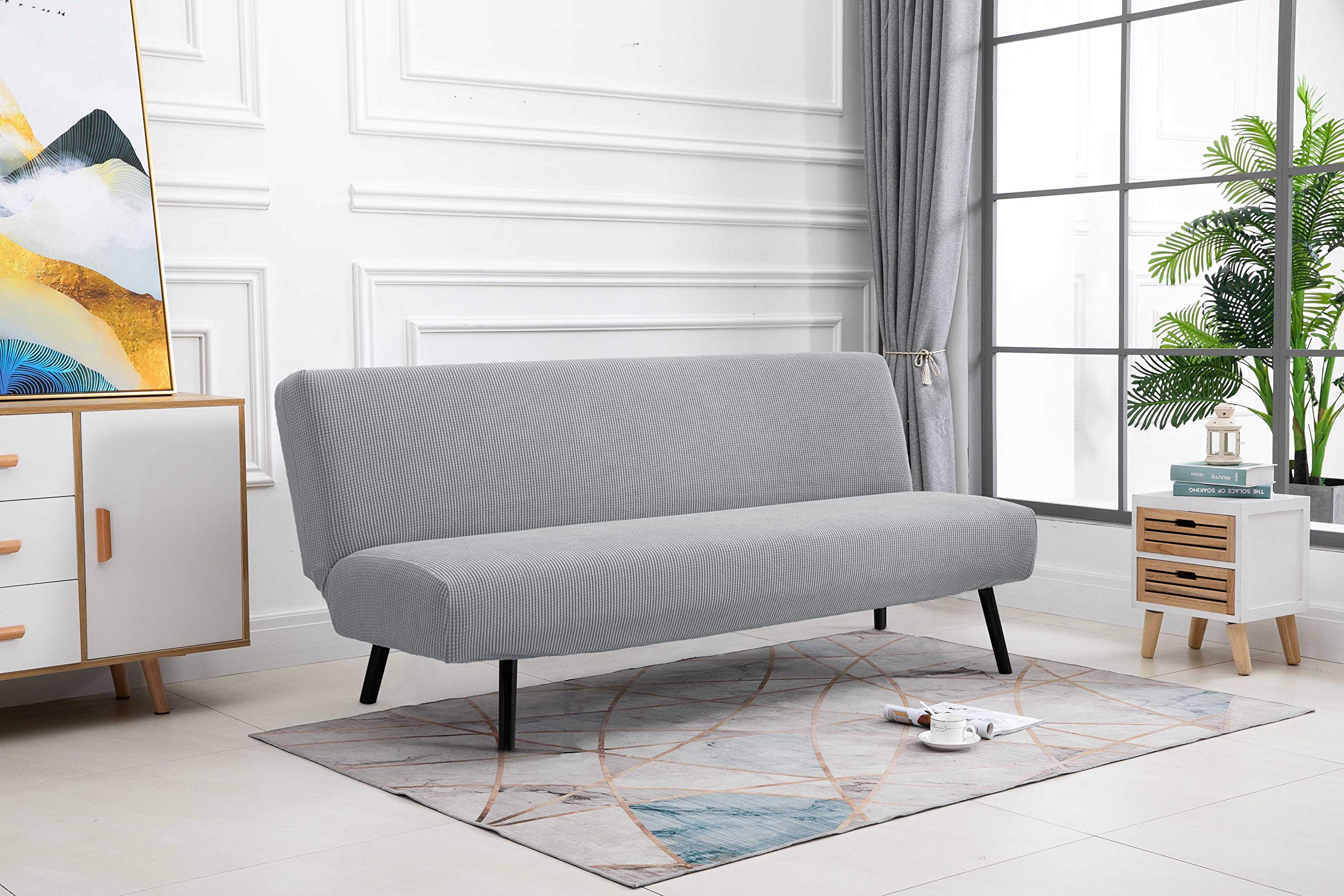 TIANSHU Copridivano Senza Braccioli, Copridivano 3 Posti Senza Braccioli Elasticità Jacquard Antiscivolo Copridivano Clic Clac Pieghevole Regolabile (3Posti, Grigio Chiaro)