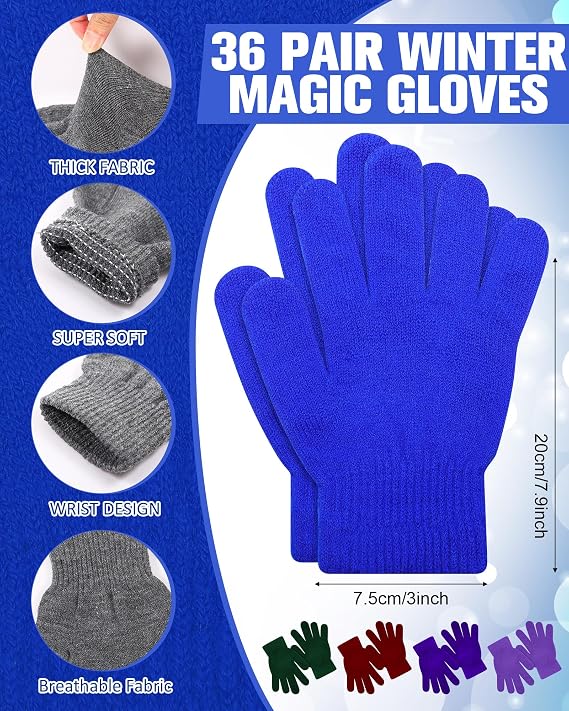 Toulite 36 Pair Adult Winter Gloves Bulk Warm Knitted Magical Gloves Stretchy Solid Color Mittens for Men Women Homeless
