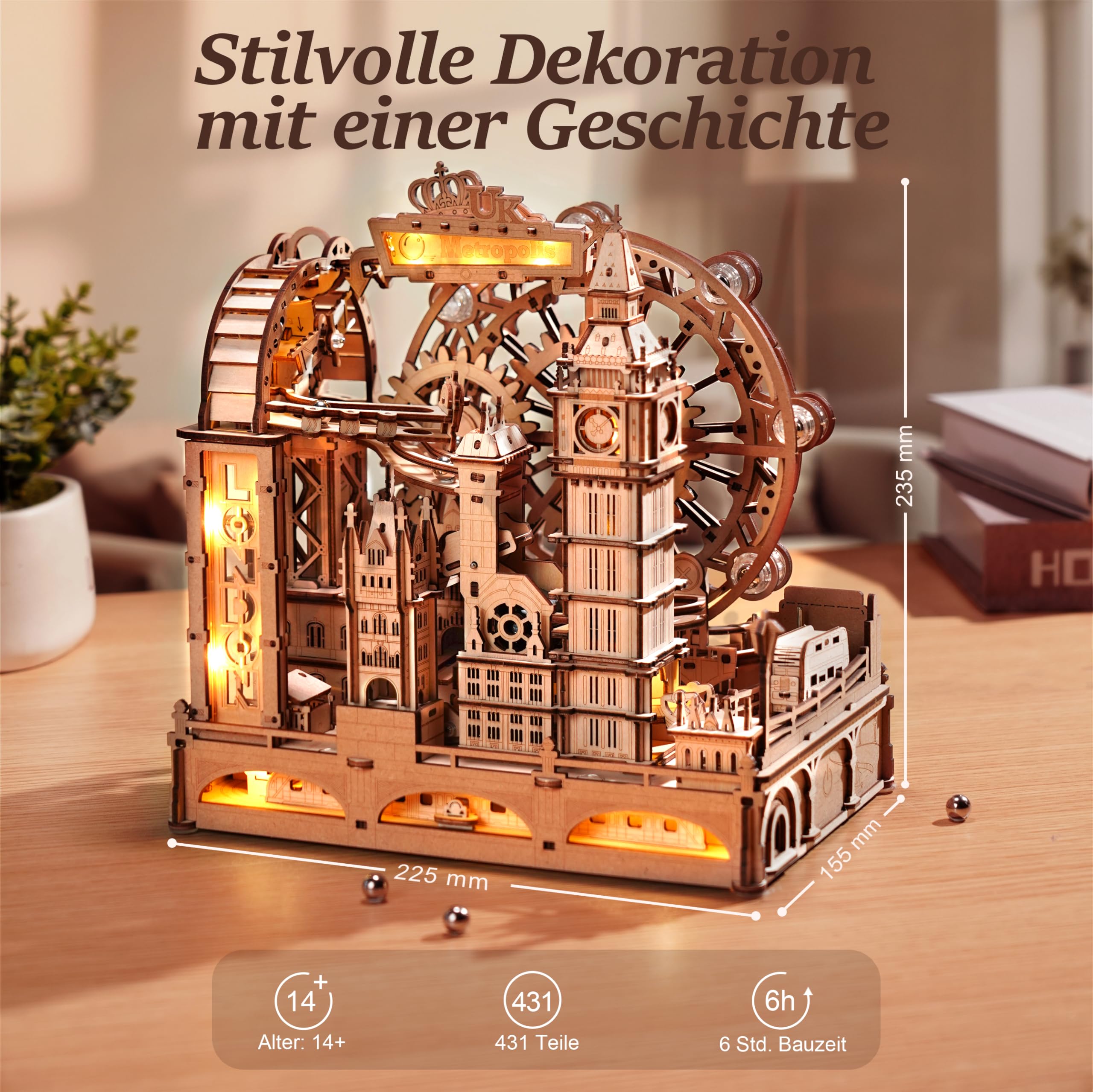 ROBOTIME EGB01 3D-Puzzle aus Holz mit Murmelbahn, Modellbausatz London mit Lichtern, mechanischer Bausatz für Erwachsene und Jugendliche, dekoratives und pädagogisches Geschenk