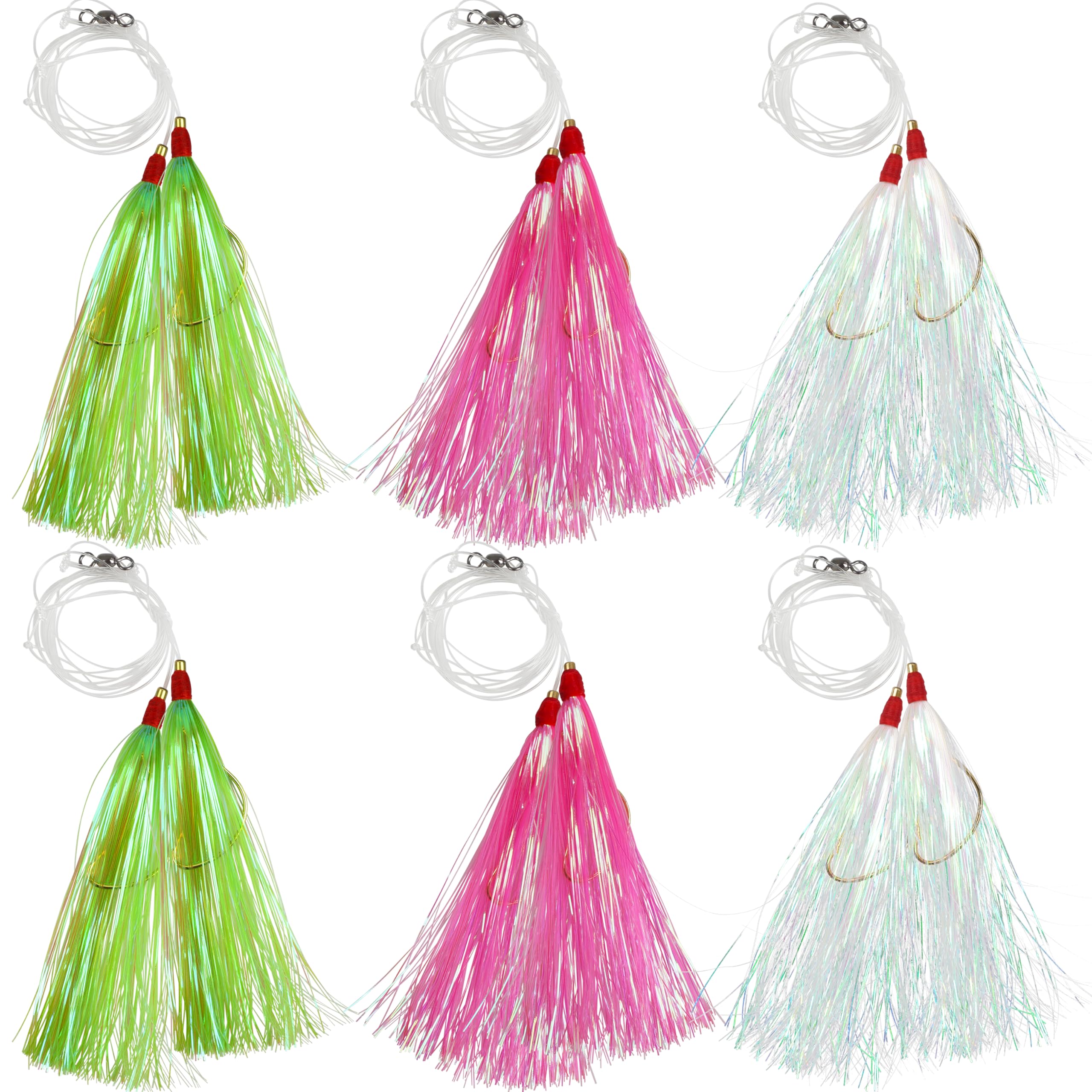 Bucktail Teaser Rigs, 3/6 Stück Fluke Flunder Rigs handgeknüpfte Seebarsch Hi Lo Rig Angelköder Rigs Salzwasser mehrfarbige Mylar Bucktail Teaser Haken für Surfen Ozeanangeln