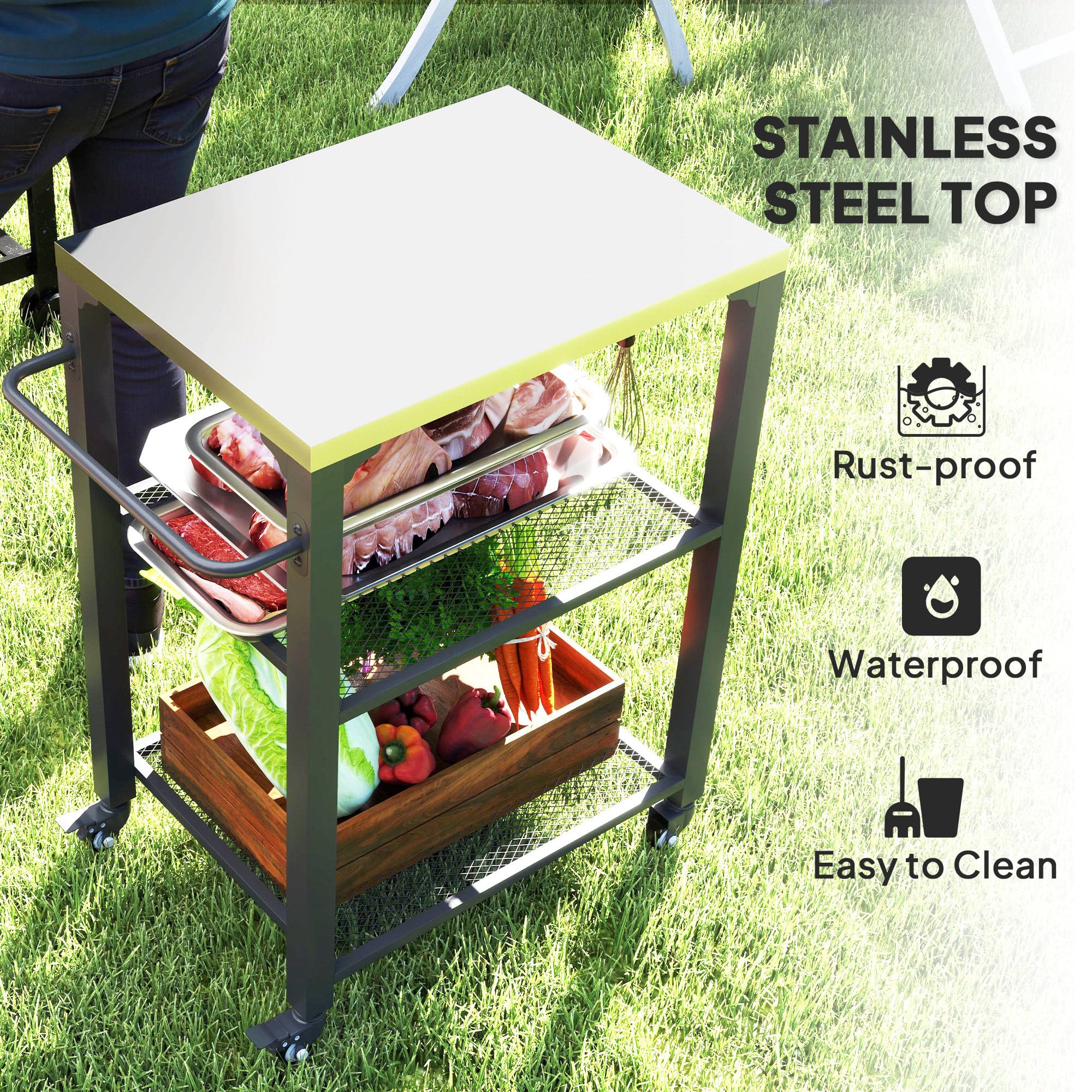 Outsunny Chariot de barbecue d'extérieur à trois étagères avec dessus en acier inoxydable, îlot de cuisine d'extérieur avec 4 roues, 3 crochets, table de four à pizza mobile pour cuisine, jardin, 65,5