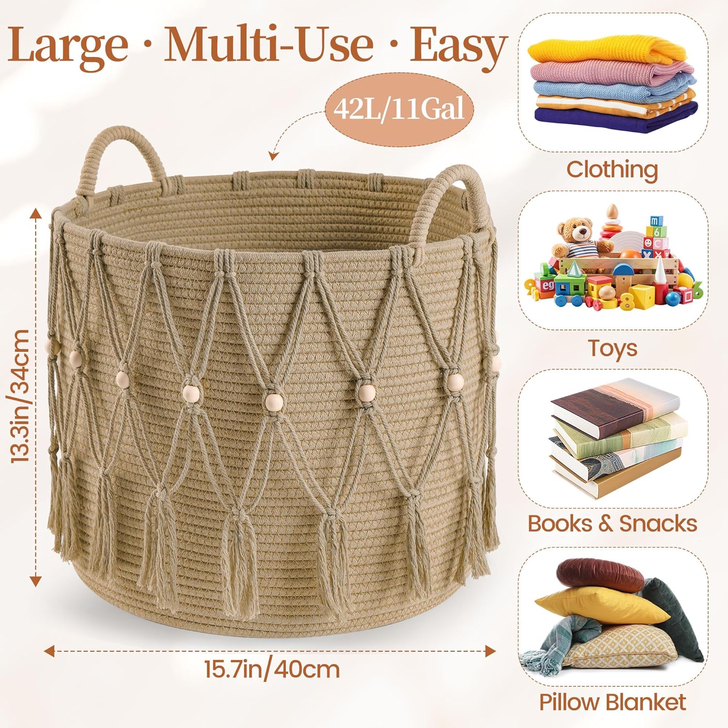 Blanket Basket for Living Room Decor Storage Basket for Toy Organizer Boho Decor Baskets for Modern Farmhouse Decor Small Laundry Basket for Bedroom and Laundry Room Organization,Beige