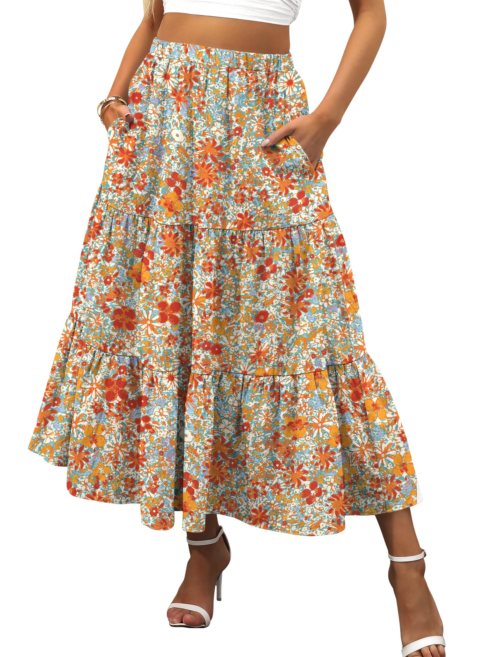 ANRABESS Women’s Summer Boho Flowy Swing Tiered A-Line Maxi Skirt 2026 Fashion Trendy Elastic Waist Pleated Long Beach Dress