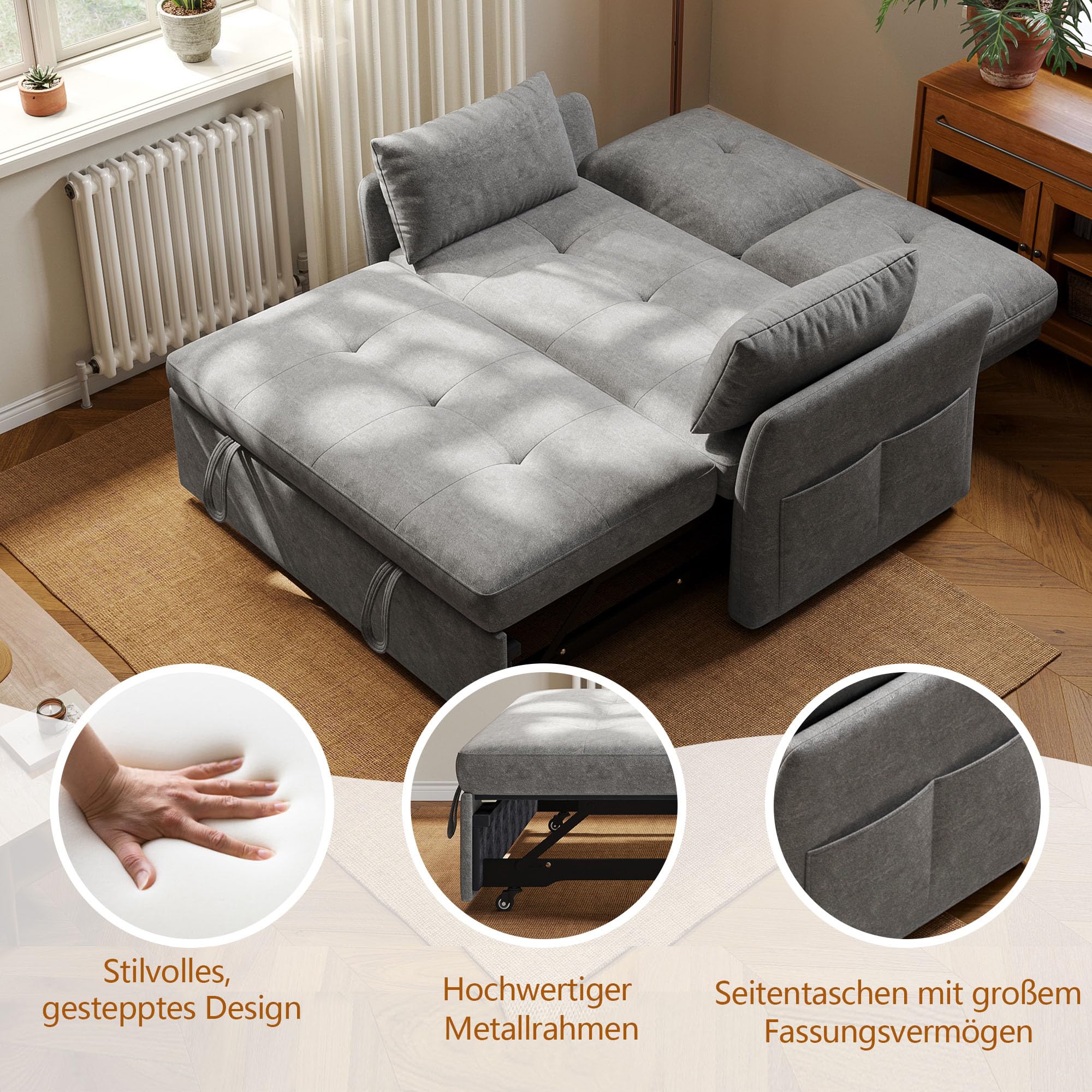 3-in-1 Schlafsofa mit 5-stufig Verstellbarer Rückenlehne, Schlafcouch mit 2X Kissen und 2X Seitentasche,Graues Leinen 2 sitzer Sofa für Gästezimmer & Kleine Räume