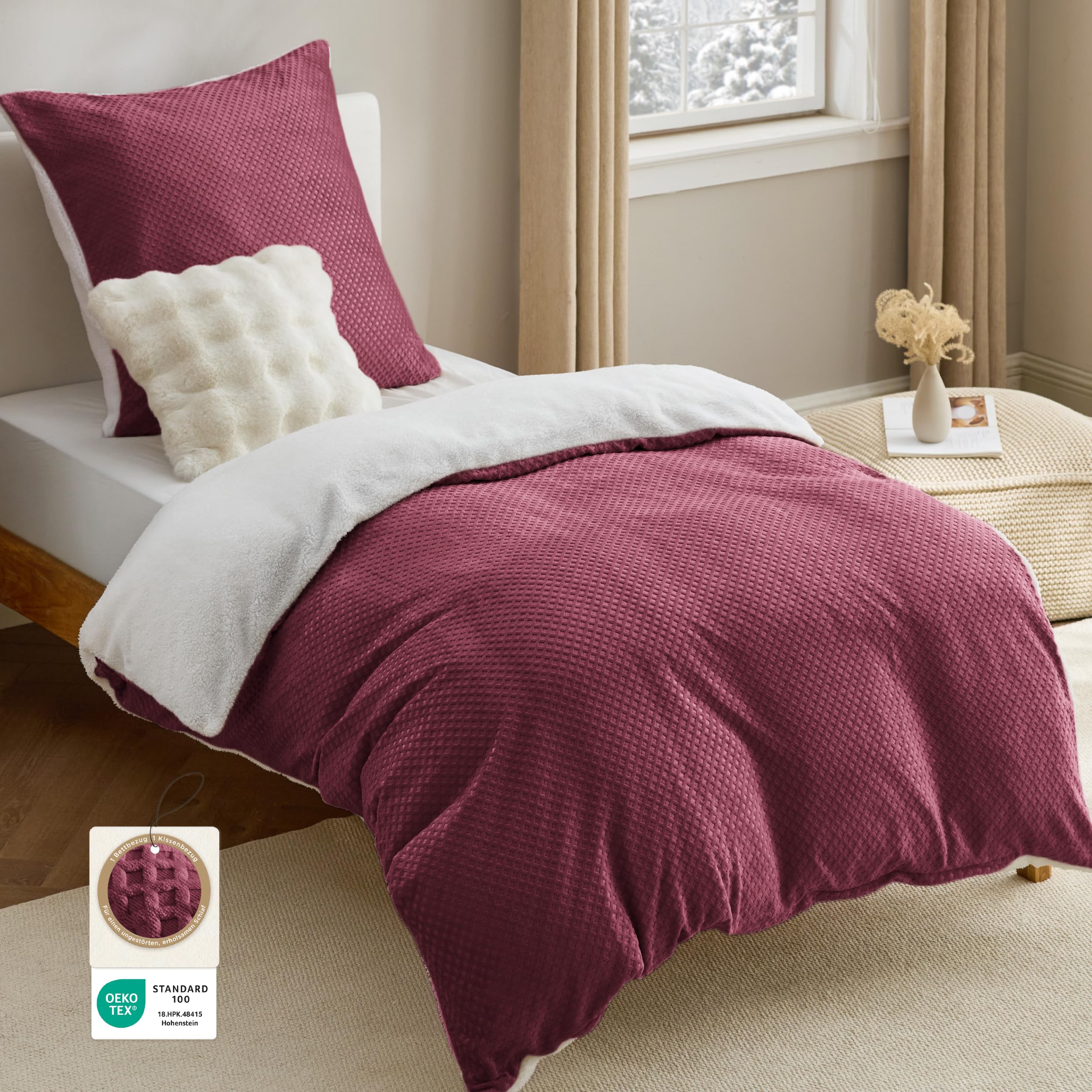 BEDSURE Flanell Bettwäsche 135x200 2tlg. - Weinrotes Set, 80x80 Kissen