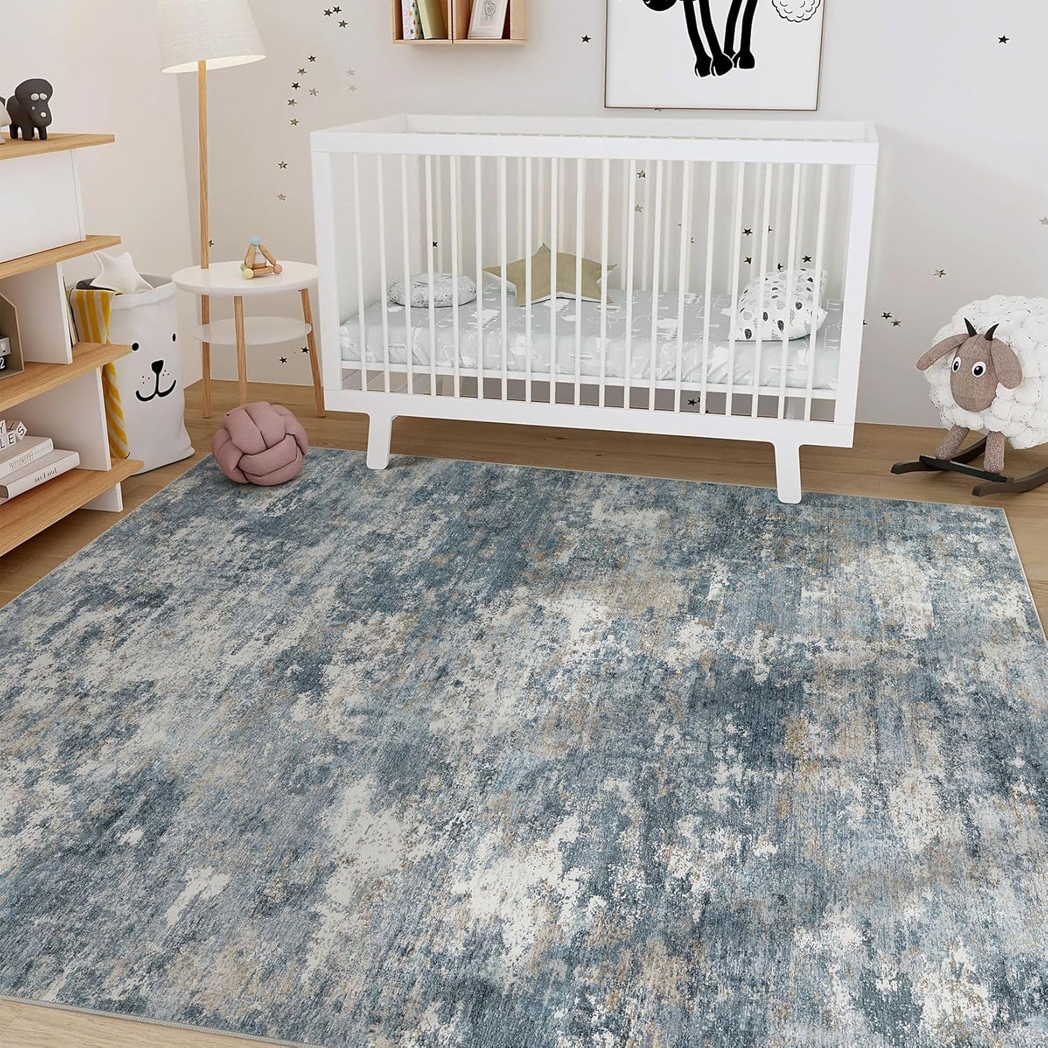 Nakagishi 5x7 Area Rugs Living Room: Washable Abstract Large Neutral Soft Rug Stain Resistant Modern Indoor Floor Non-Slip Carpet for Bedroom Nursery Kids Playroom Office Dining Room Dorm-Blue thumbnail