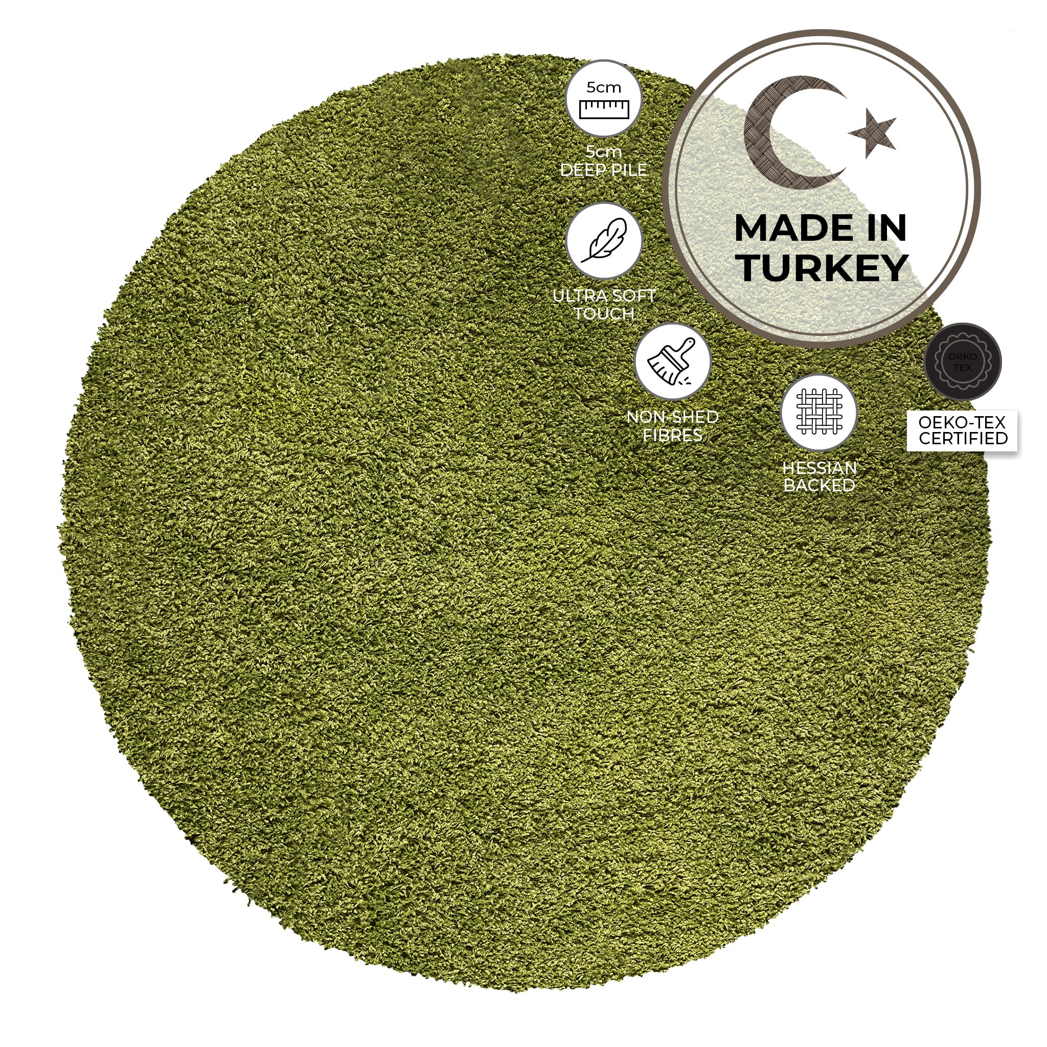 Bravich Round Green Rug 150cm (5') 5cm Pile Green Shaggy Large Circle Thick Fluffy Living Room Hessian Backed Washable — view 5