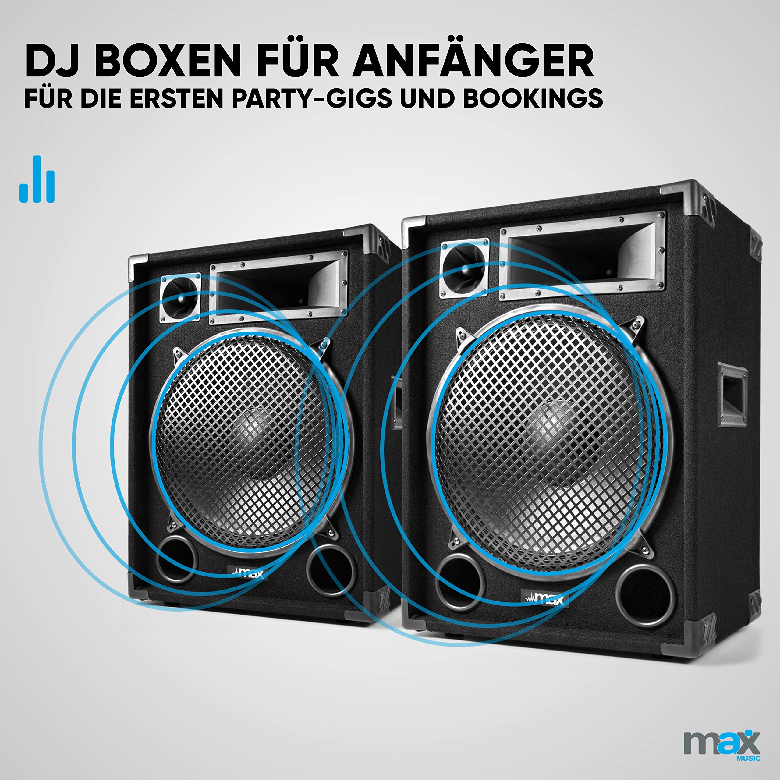 MAX MAX15 - Passiver Lautsprecher, 2er Set 1000 Watt mit je 15 Zoll Tieftöner, Partyboxen mit Griffe, Passive DJ Boxen Partylautsprecher, Disco Lautsprecherbox in Schwarz