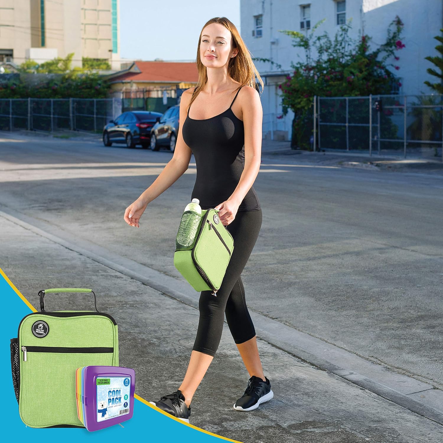 Healthy Packers Square Slim Long Lasting Colored Ice Packs and Insulated Lunch Bag (Green)