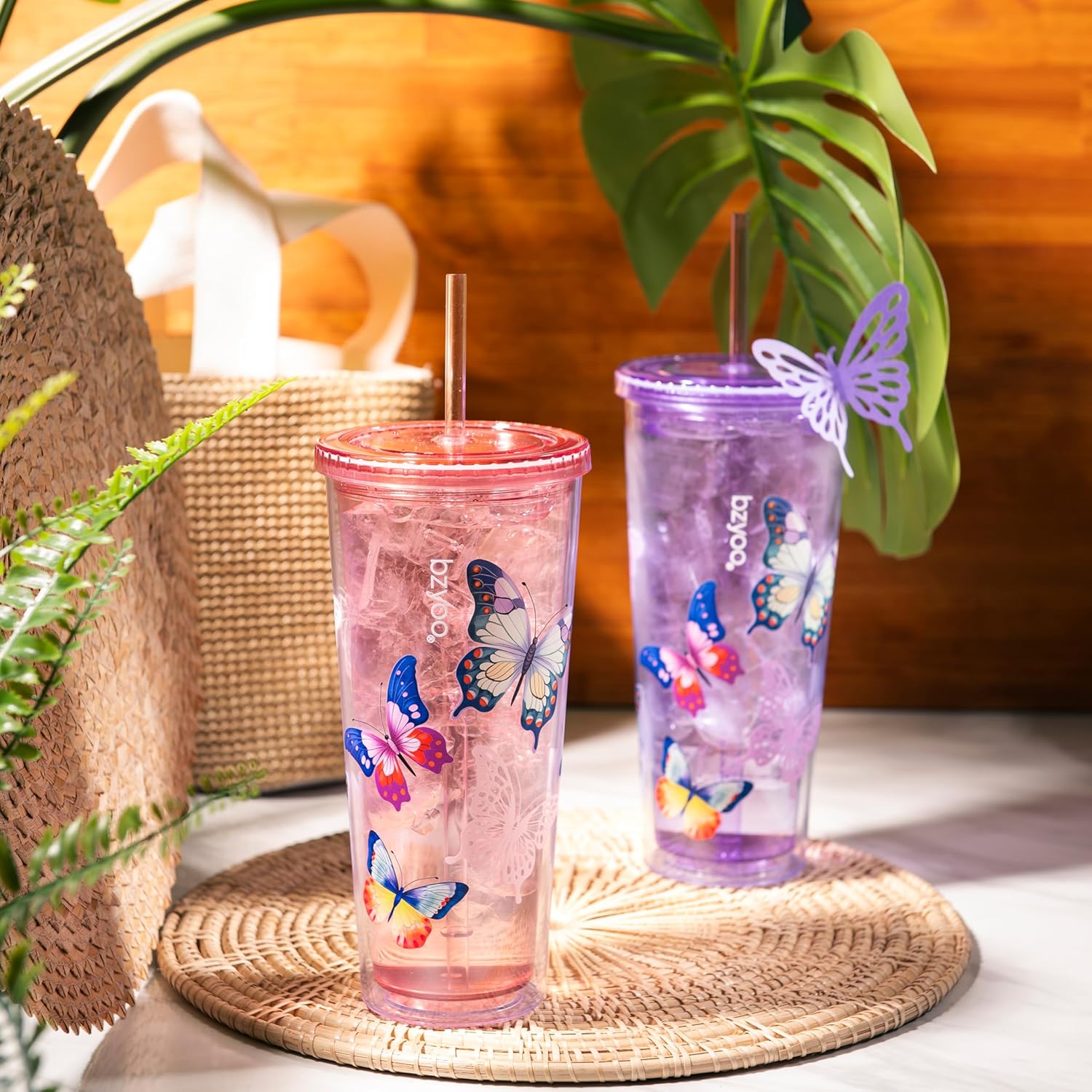 bzyoo Double Wall Tumbler with Straw and Lid Bottle Cold Drink Travel Mug Cup, 24oz (Butterfly Pink) - Image 6