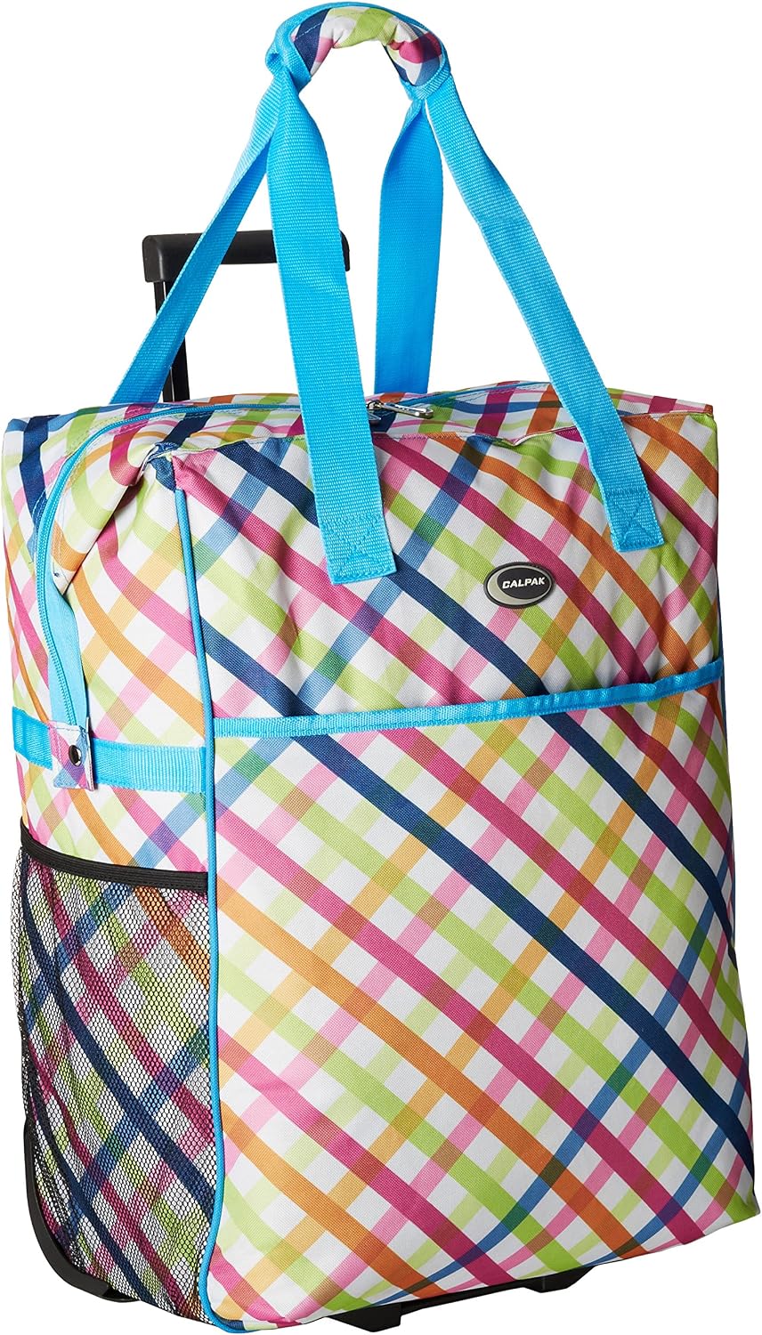 CALPAK Big Eazy Bright Check 20-inch Rolling Shopping Tote Bag,Bright Check,One Size