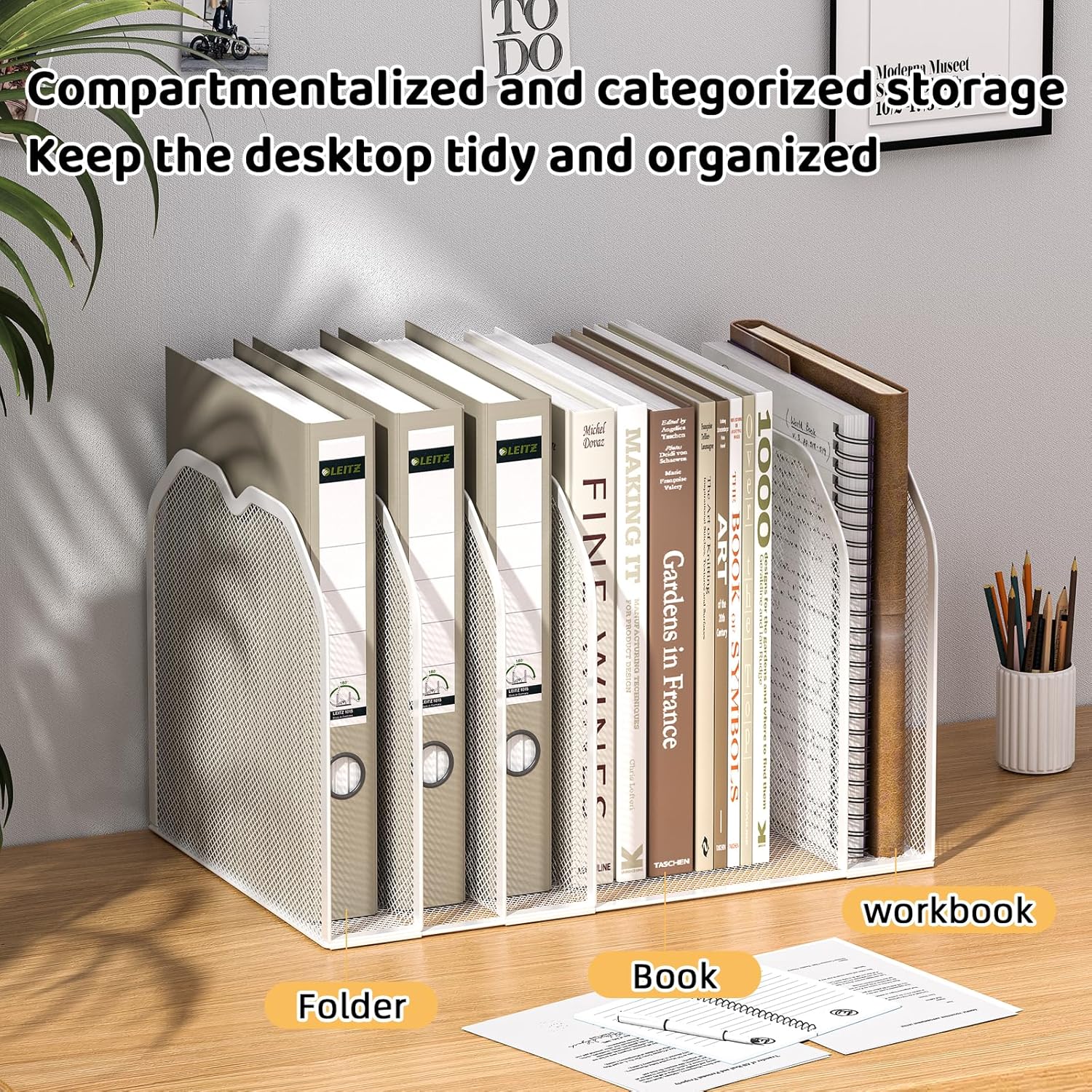 FANXIYQ White 7-Section File Folder Organizer for Desk – Metal Vertical File Holder, Desktop File Organizer Vertical Stand, Letter/A4 Folder Rack, Upright File Sorter, Office Paper Organizer