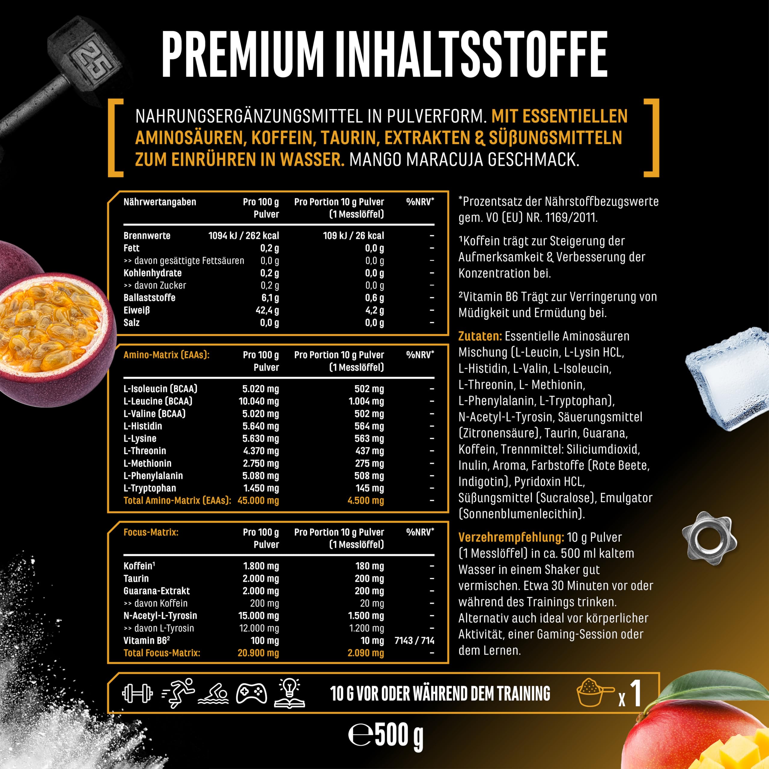 EAA Energy Mix - 500 g - Amino Matrix + Focus Matrix - Zuckerfreie Alternative zu Energy Drinks - Mit Koffein, Taurin, Guarana, N-Acetyl-L-Tyrosin - Pre Workout Booster - Vegan (Mango Maracuja) | Mango Maracuja, Zuckerfrei, mit Koffein, Taurin, Guarana &