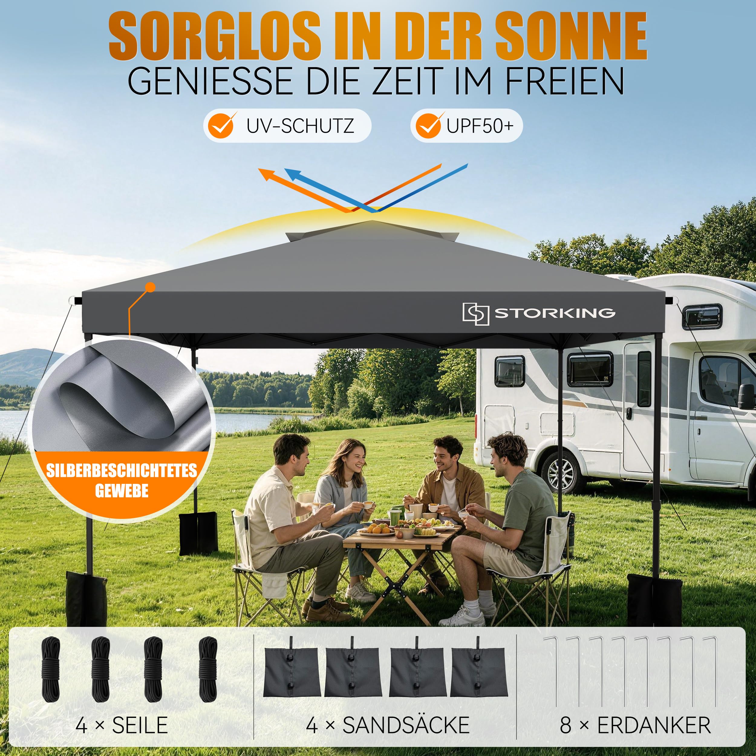 Pop Up Pavillon 3x3 Wasserdicht Stabil, 3 x 3 m Pavillon Mit Seitenwänden, Faltpavillon Partyzelt Faltbar für Camping Party, Höhe,Garten,Verstellbar 230-250cm (Grau, Mit Seitenwände)
