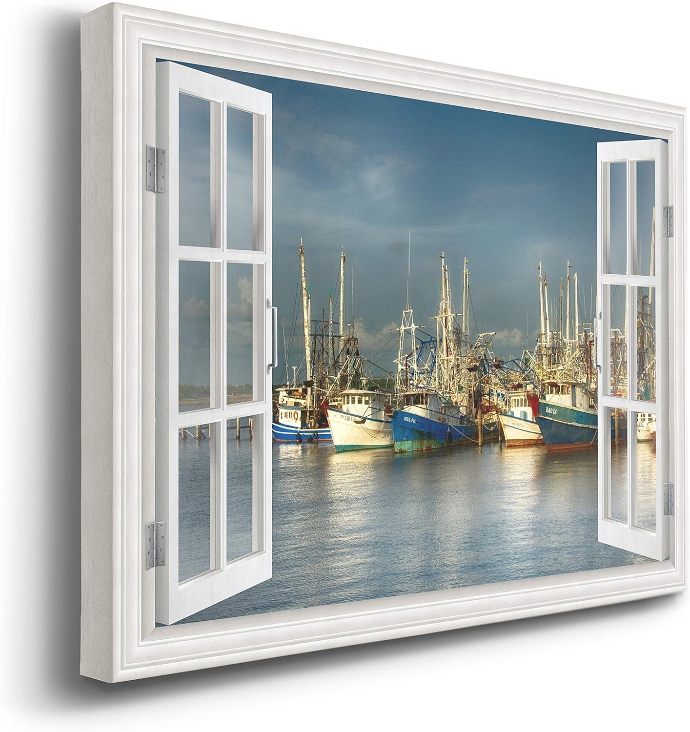 Renditions Gallery Canvas Nautical Art Scenic Window View for Home Shrimp Boats Docked at Sea Canvas Art Prints for Bedroom Living Room Office Walls - 24X36 LT38