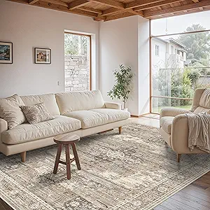RUUGME Washable 6x9 Area Rug - Vintage Area Rugs with Non Slip Backing Stain Resistant Carpet for Bedroom Dining Room Indoor Soft Carpets Home Decor Decoration Mat for Bathroom 6x9 Beige