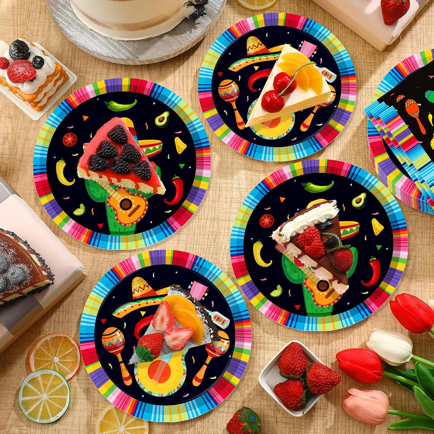 Mexican Fiesta Birthday Paper Plates Napkins Chili Cactus Disposable Tableware Set Party Supplies Cinco de Mayo Theme Dinnerware Serves 24 Guests for Audlts Kids Baby Shower Birthday 88PCS