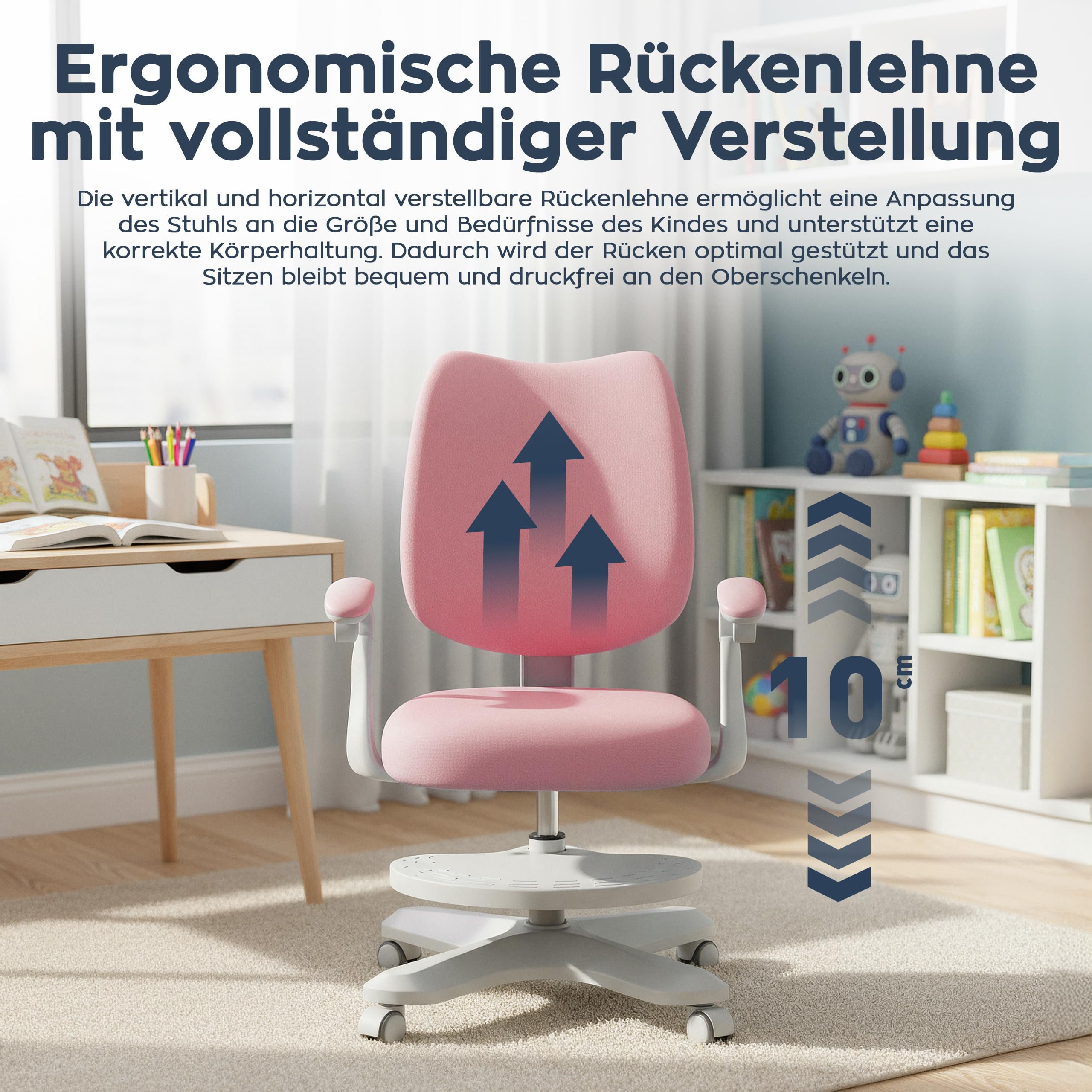 MARK ADLER Schreibtischstuhl Kinder ab 6 Jahren Junior 4.6 – Ergonomischer Kinderstuhl mit Fußstütze – Drehstuhl Höhenverstellbar – Verstellbare Rückenlehne & Klappbare Armlehnen – Rosa