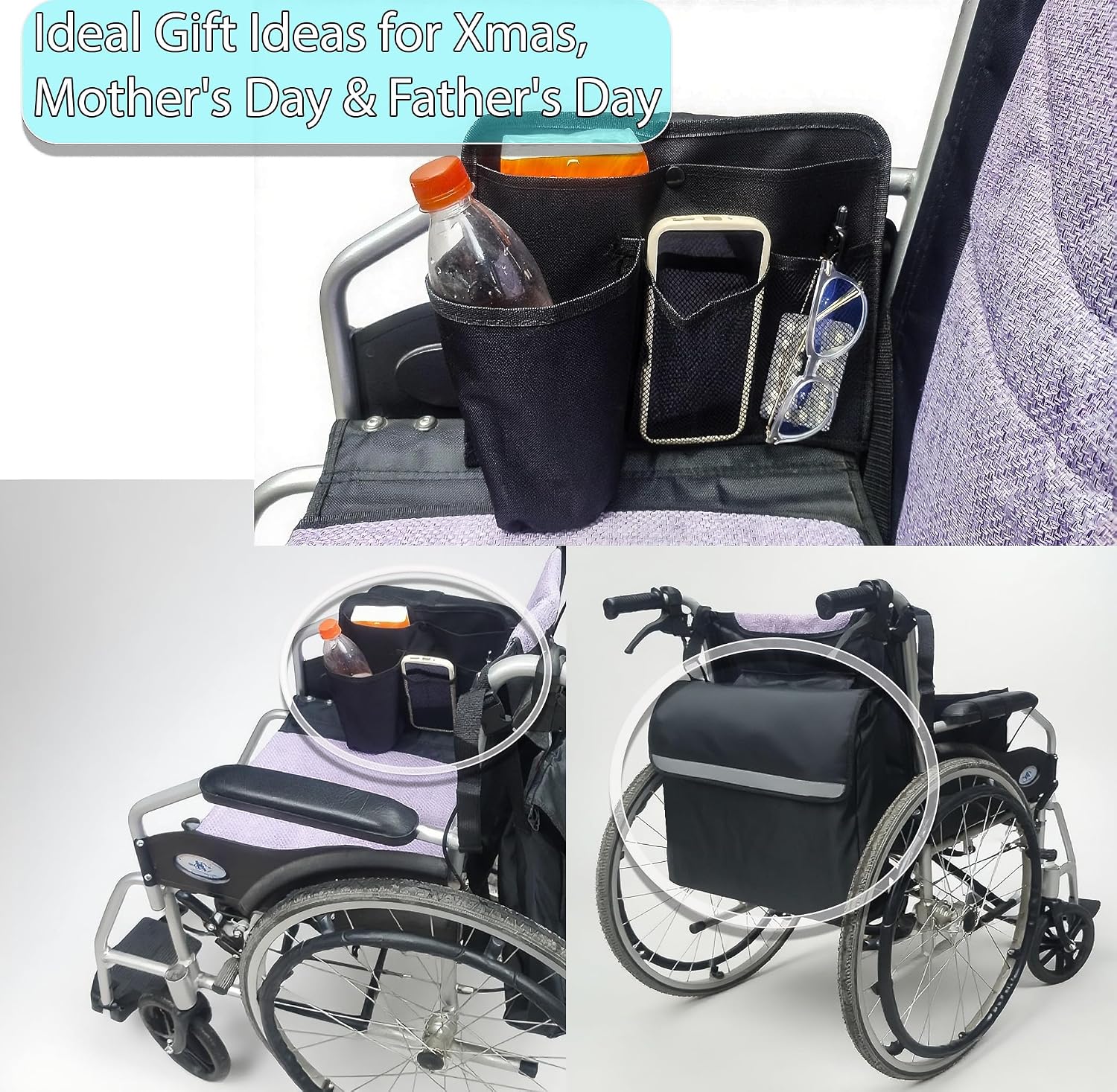 Wheelchair Accessories 2-Pack Set: Wheelchair Side Bag with Cup Holder & Back Bag - Fits All Wheelchairs | Wheelchair Bags to Hang On Side Armrest & Back, Wheel Chair Accessories (Side & Back Bag) image 5