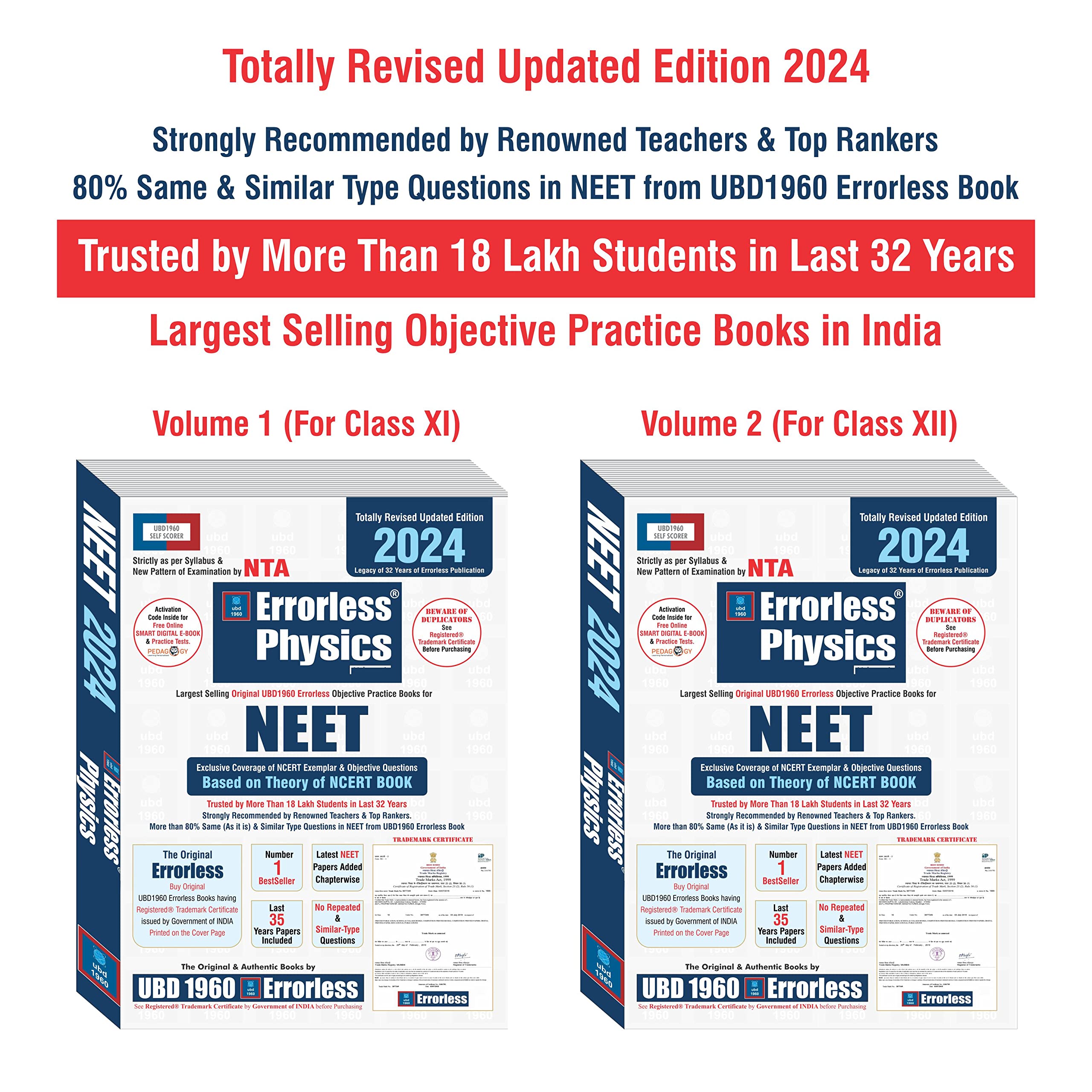 UBD1960 Errorless Physics For Neet As Per Nta (Paperback+Free Smart E-Book)According To New Neet 2024 Syllabus(2 Volumes) (Original Errorless Self Scorer Uss Book With Trademark Certificate)