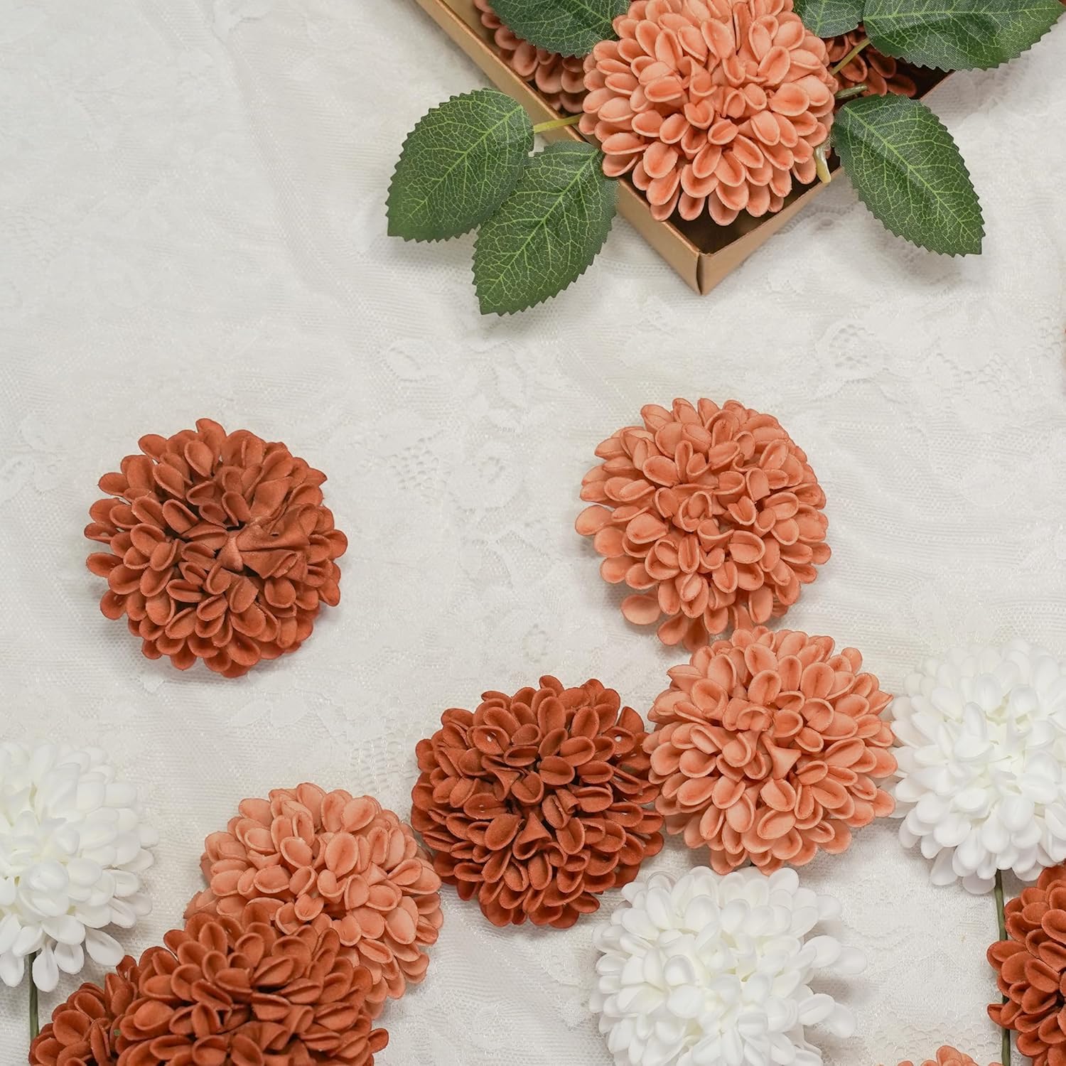Artificial Flowers, 50pcs Artificial Rose for DIY Wedding Bouquets Centerpieces Arrangements, Terracotta Dahlia Flowers with Stems for Bridal Shower Party Home Decorations
