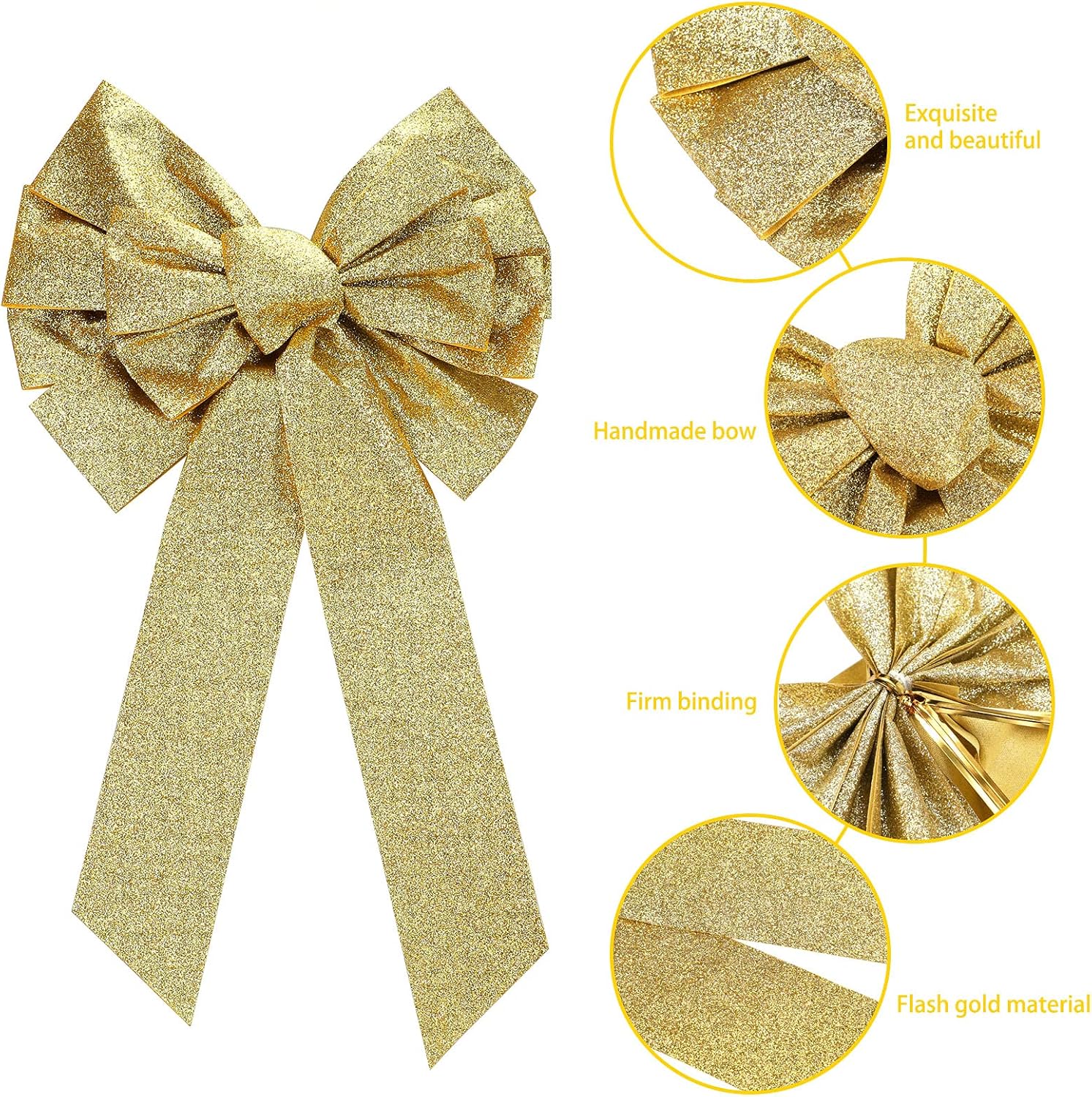 WILLBOND 6 Pcs Large Bow Glitter Christmas Bows Hanging Holiday Xmas Bows for Christmas Wreaths Decoration or Tree Toppers Indoor Decor Party Supply, 9.8 x 17.7 Inch (Gold)